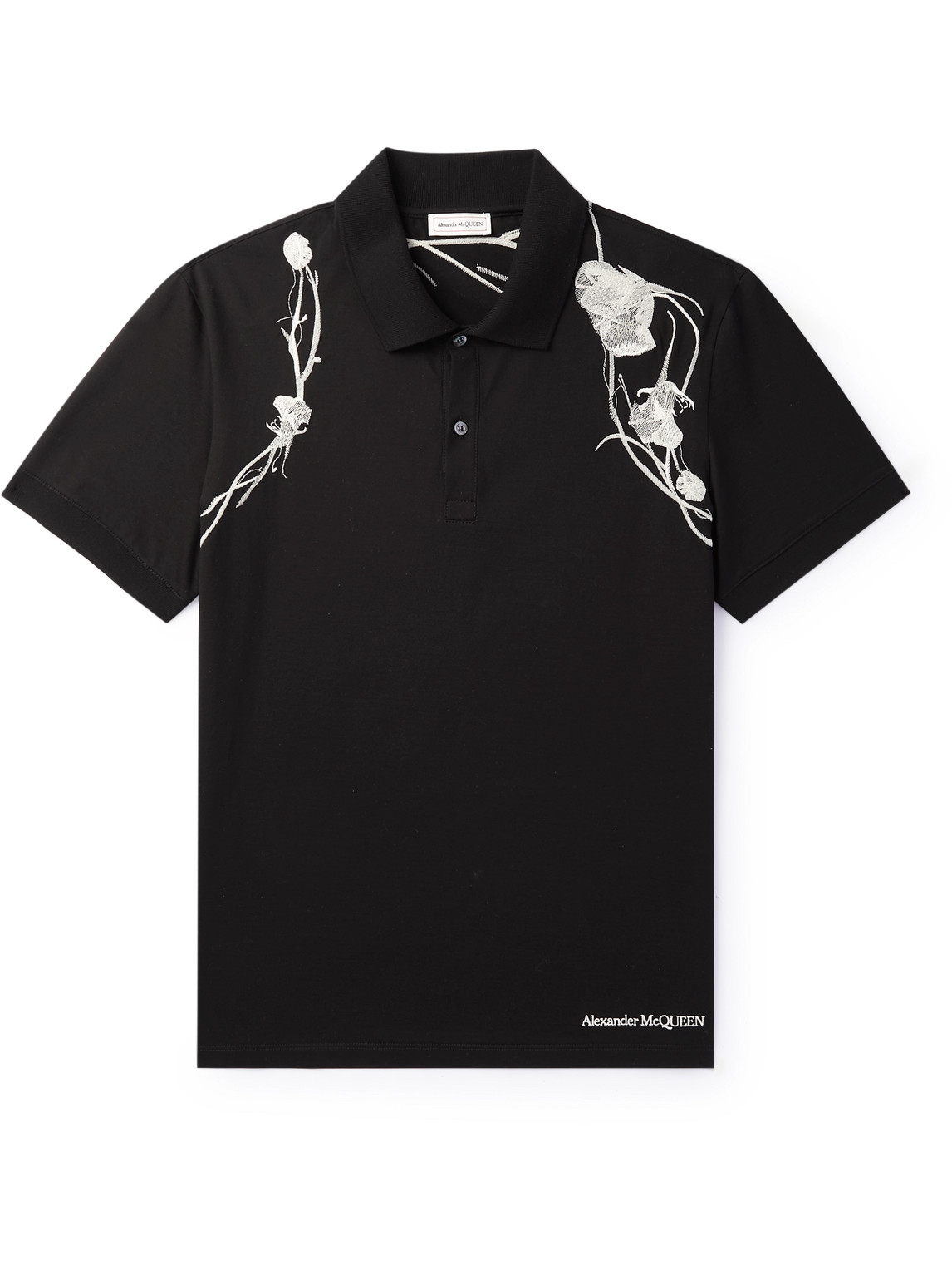 Alexander Mcqueen Pressed Flower Harness Embroidered Cotton-jersey Polo Shirt In Black
