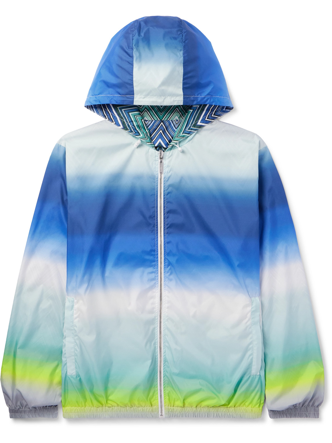 Missoni Reversible Printed Striped Shell Hooded Jacket In Blue