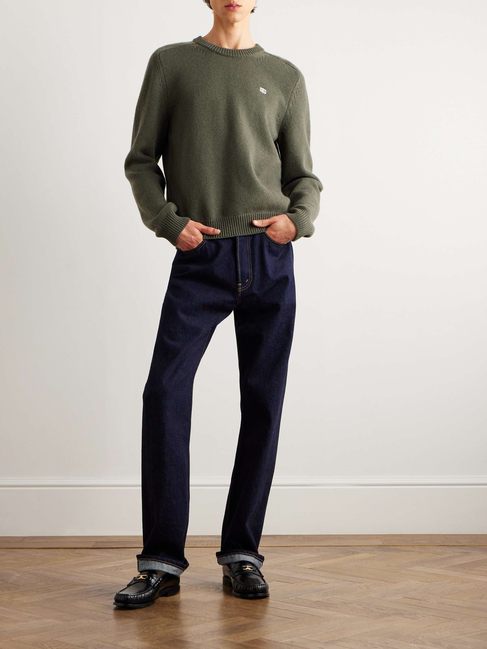 CELINE HOMME Logo-Embroidered Ribbed Wool Half-Zip Sweater for Men | MR  PORTER