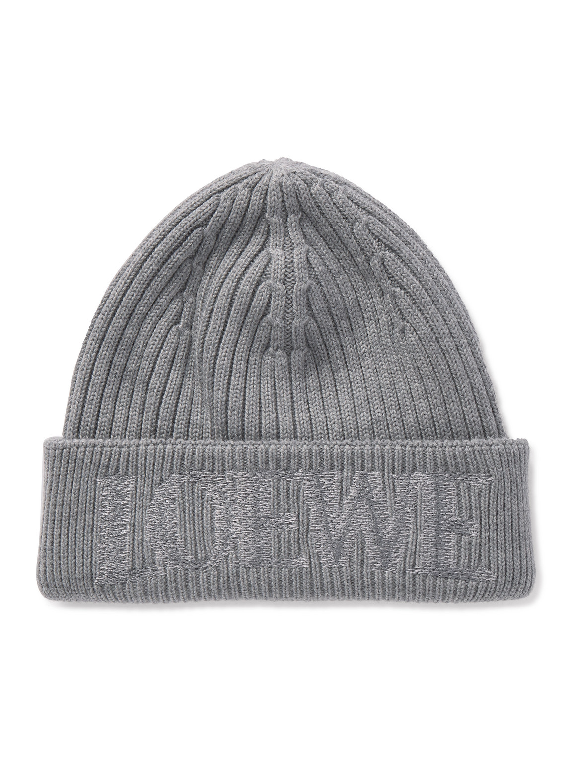 Loewe Logo-embroidered Ribbed Wool Beanie In Gray