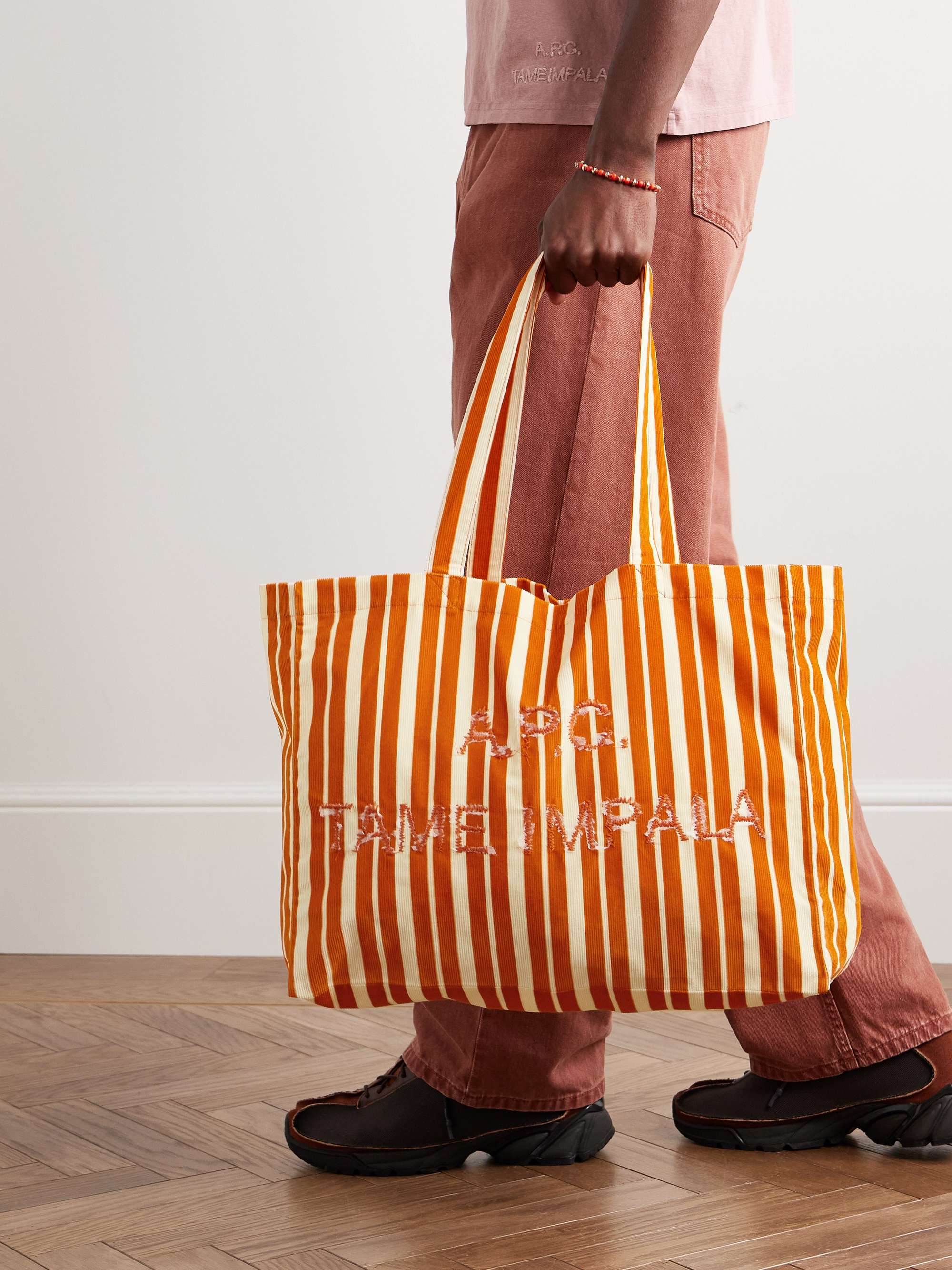 A.P.C. + Tame Impala Striped Logo-Embroidered Corduroy Tote Bag for Men |  MR PORTER