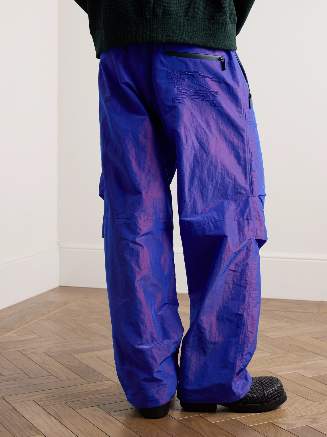 Shop Burberry Belted Logo-embroidered Iridescent Shell Trousers In Purple