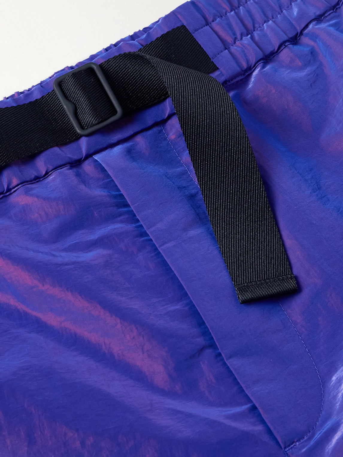 Shop Burberry Belted Logo-embroidered Iridescent Shell Trousers In Purple