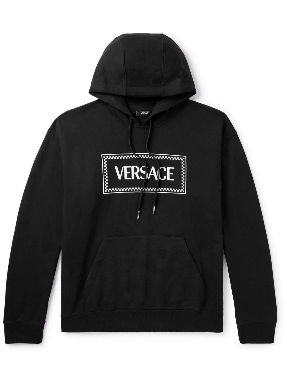 Versace Logo-embroidered Cotton-jersey Hoodie In Black
