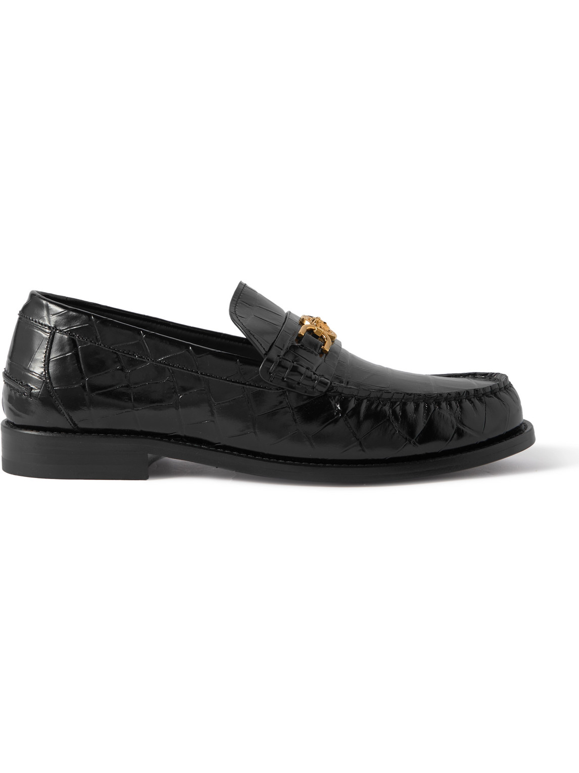 Versace Horsebit-embellished Croc-effect Patent-leather Loafers In Black