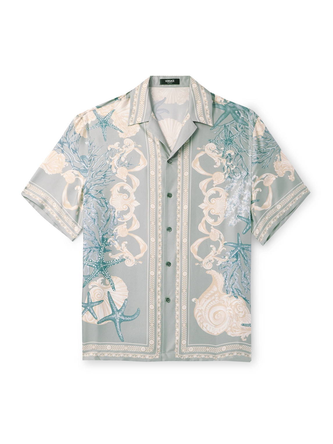Versace Barocco Sea Camp-collar Printed Silk-twill Shirt In Gray