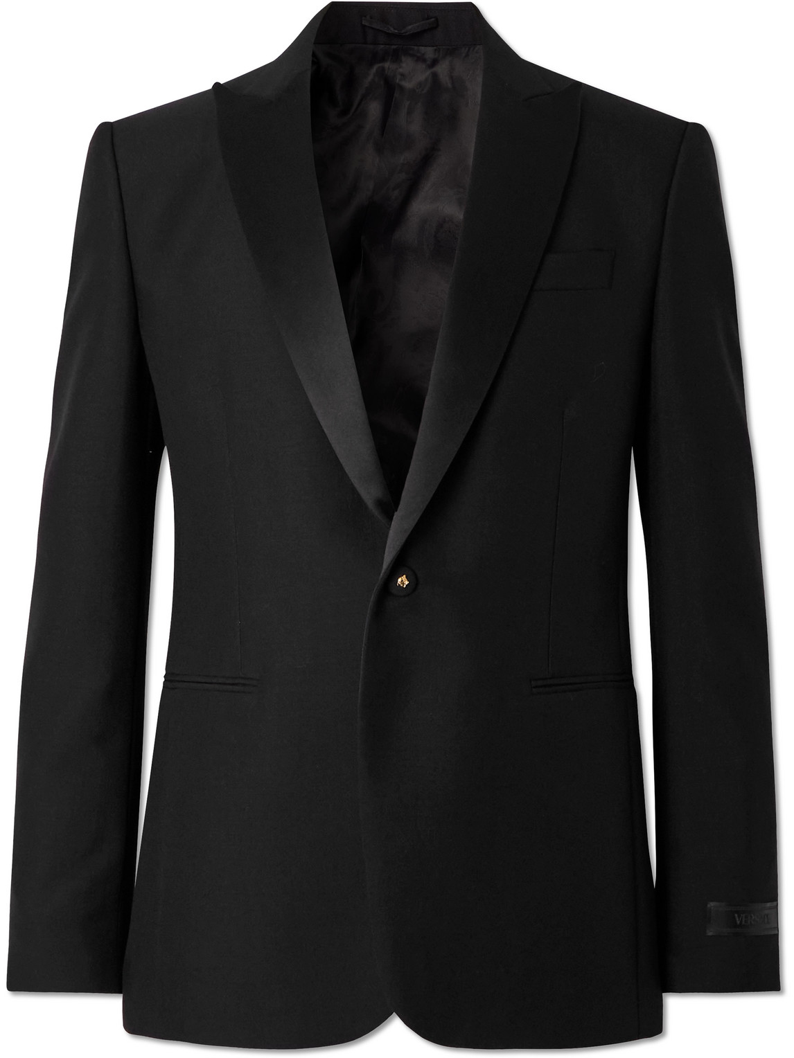 Versace Logo-appliquéd Wool And Mohair-blend Suit Jacket In Black
