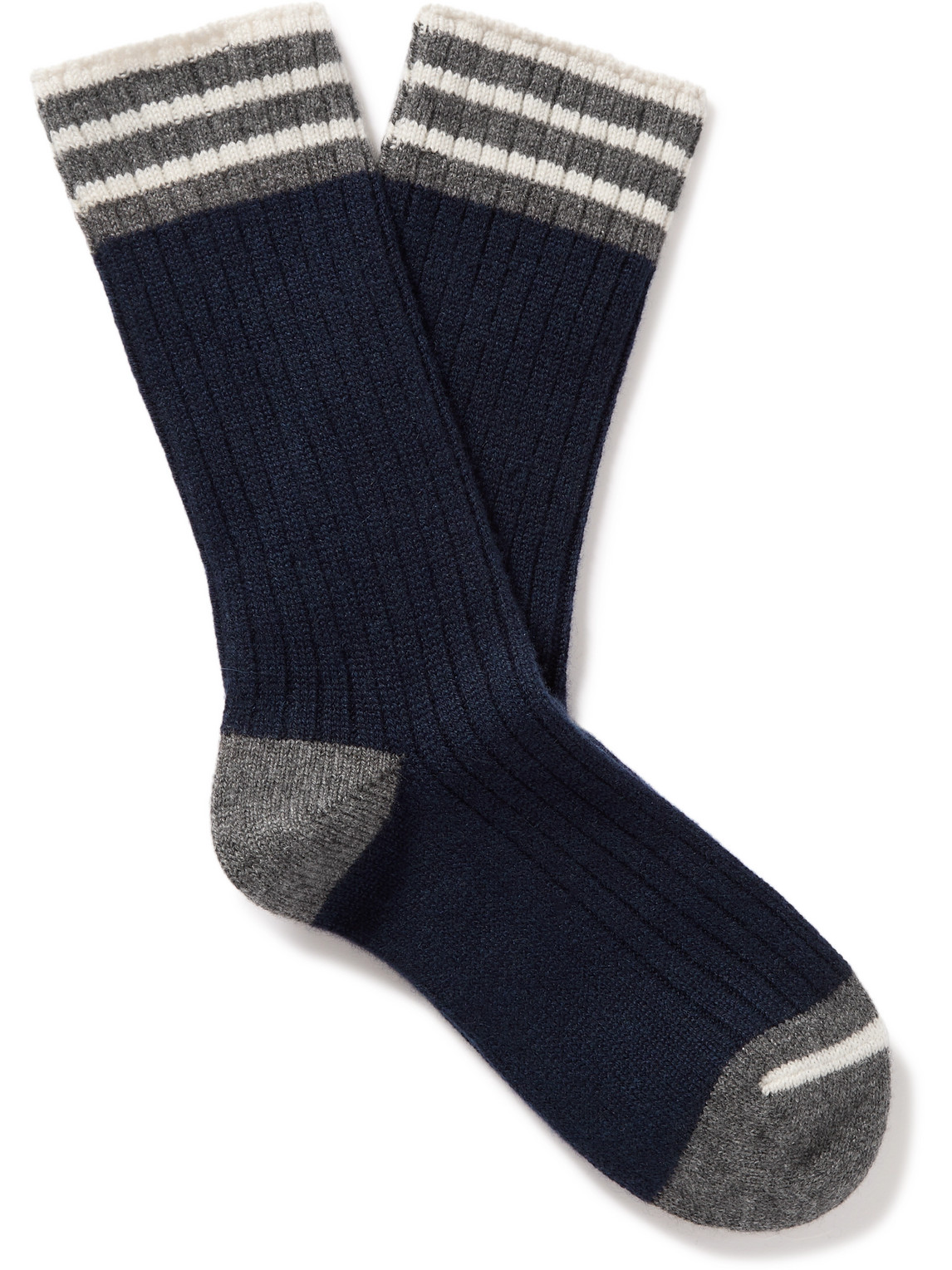Brunello Cucinelli Striped Ribbed Cashmere Socks In Blue