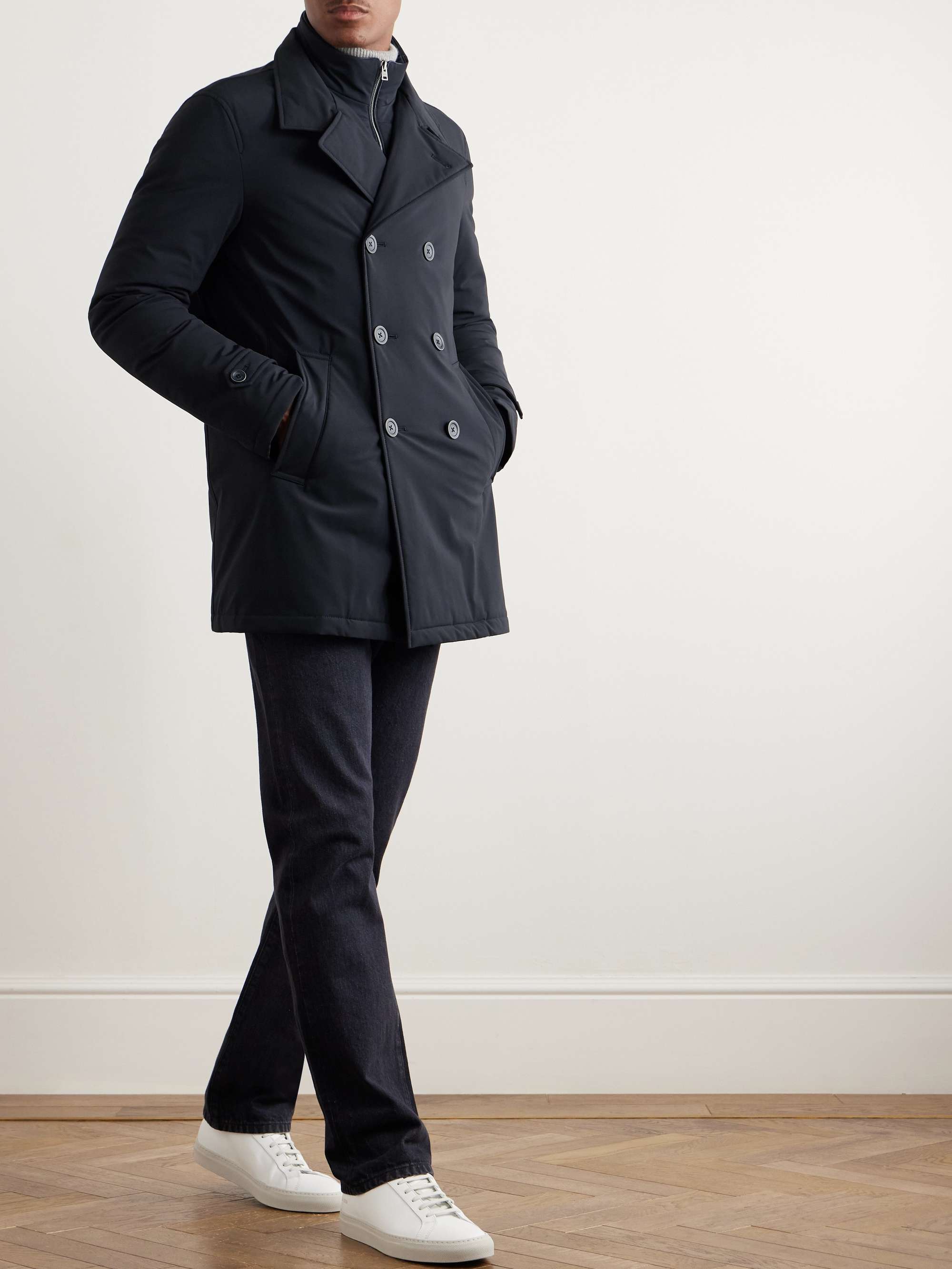 Double-Breasted Padded Stretch-Shell Down Peacoat