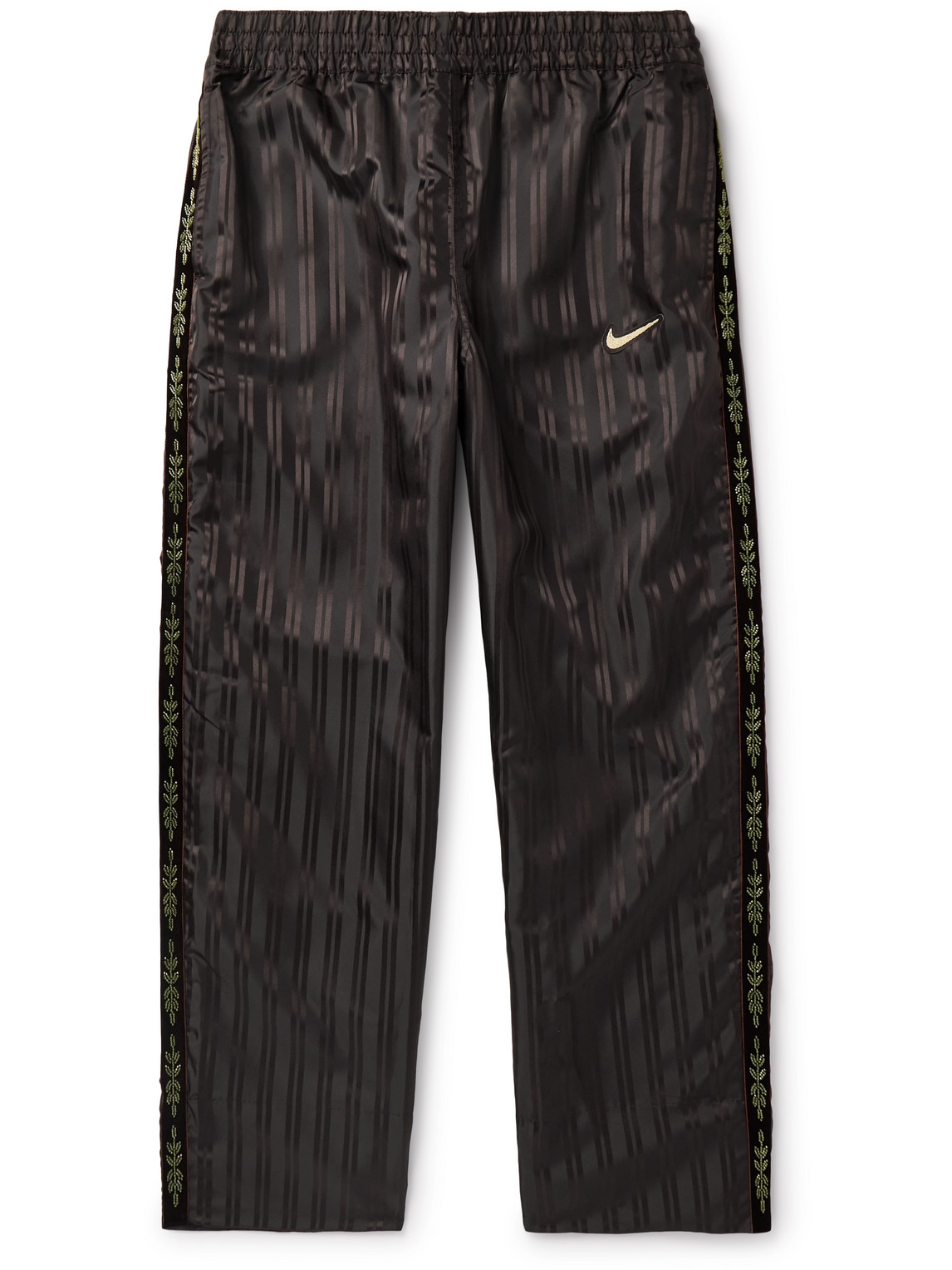 Nike Bode Scrimmage Straight-leg Velvet-trimmed Striped Satin Trousers In Brown