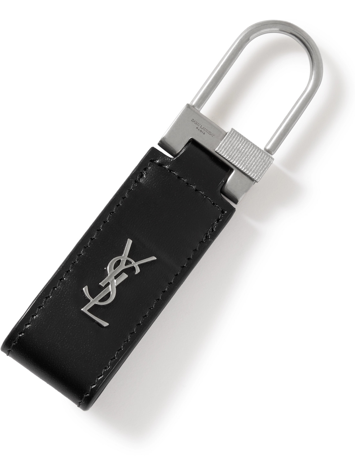 Shop Saint Laurent Logo-detailed Silver-tone And Leather Key Fob In Black