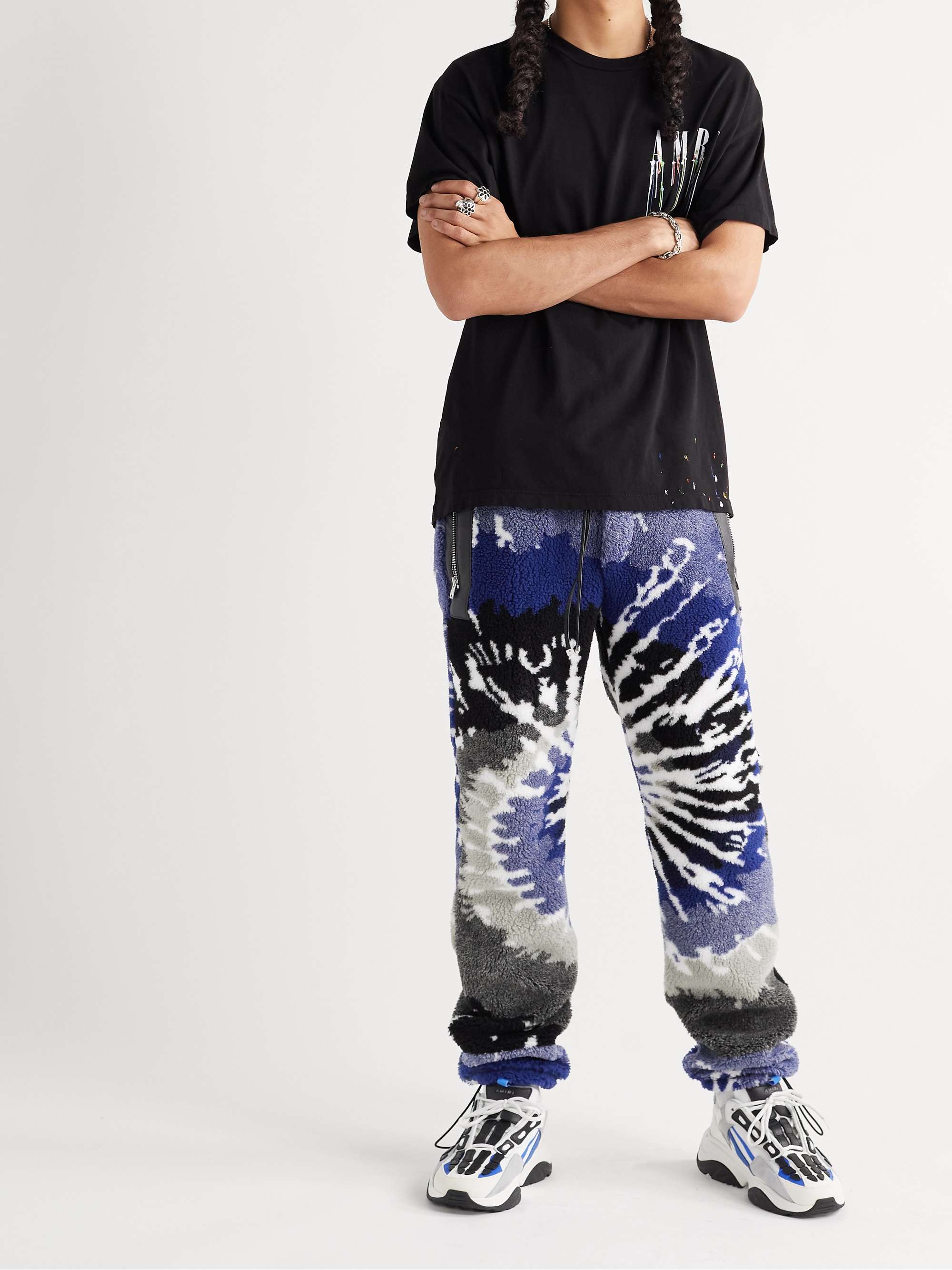 AMIRI Tapered Leather-Trimmed Tie-Dyed Fleece Sweatpants for Men | MR PORTER
