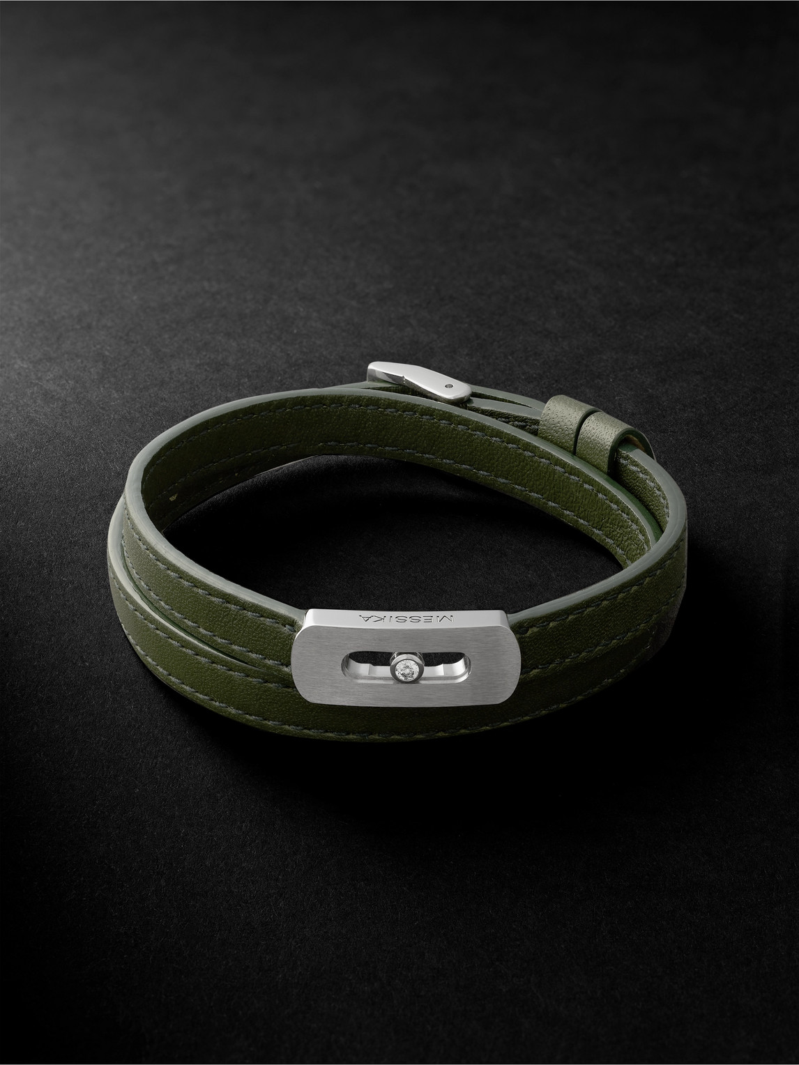 Messika My Move Brushed-titanium, Leather And Diamond Bracelet In Green