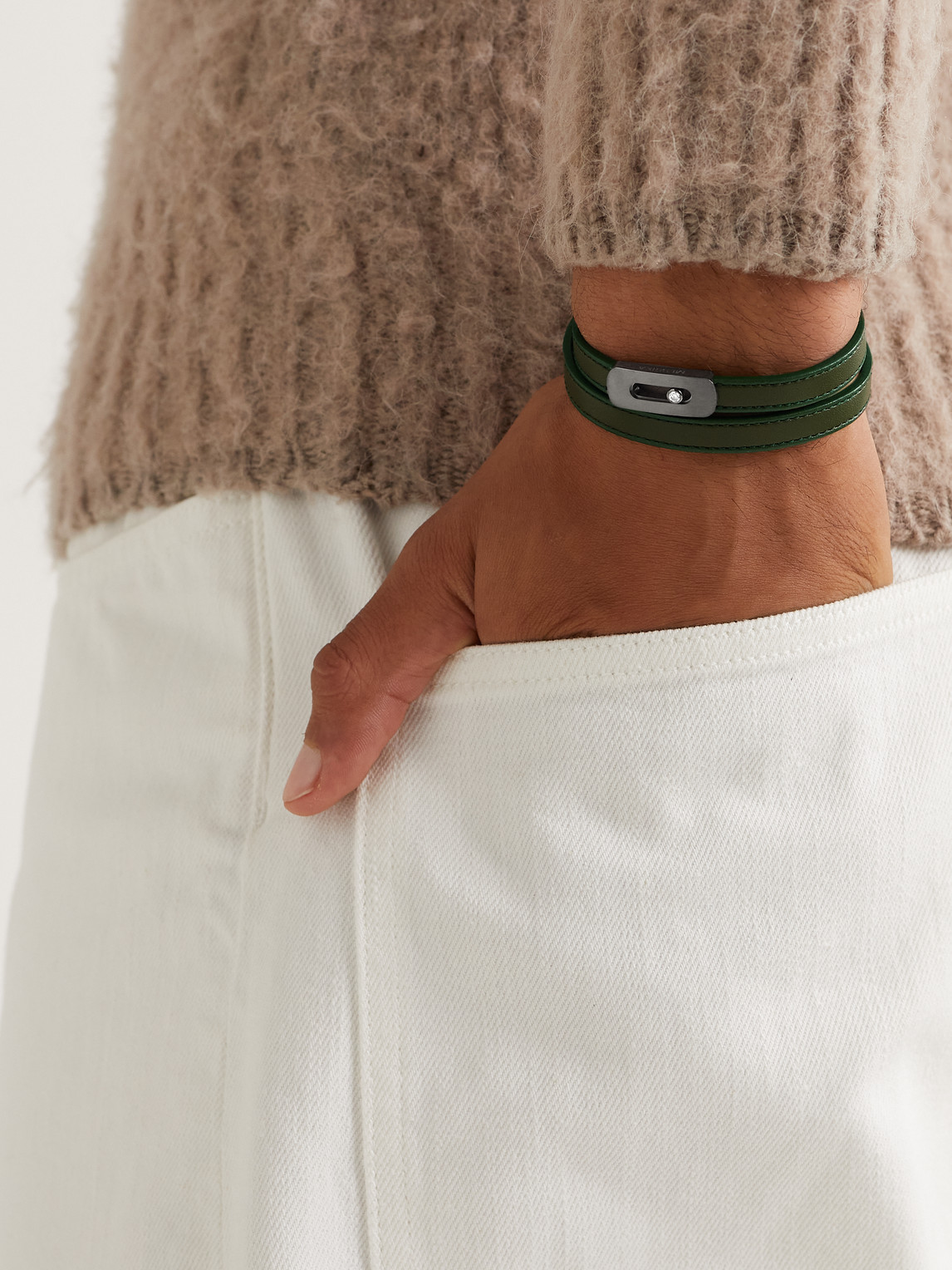 Shop Messika My Move Graphite Titanium, Diamond And Leather Bracelet In Green