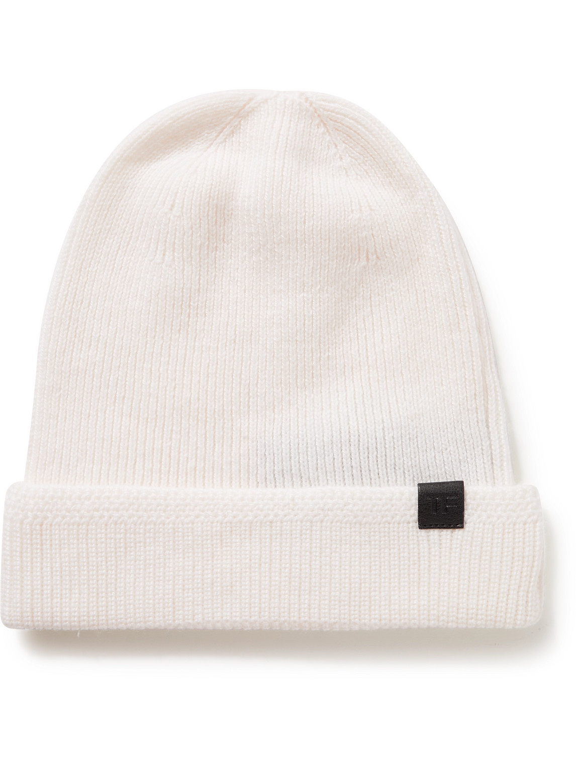 Tom Ford Leather-trimmed Ribbed Cashmere Beanie In White