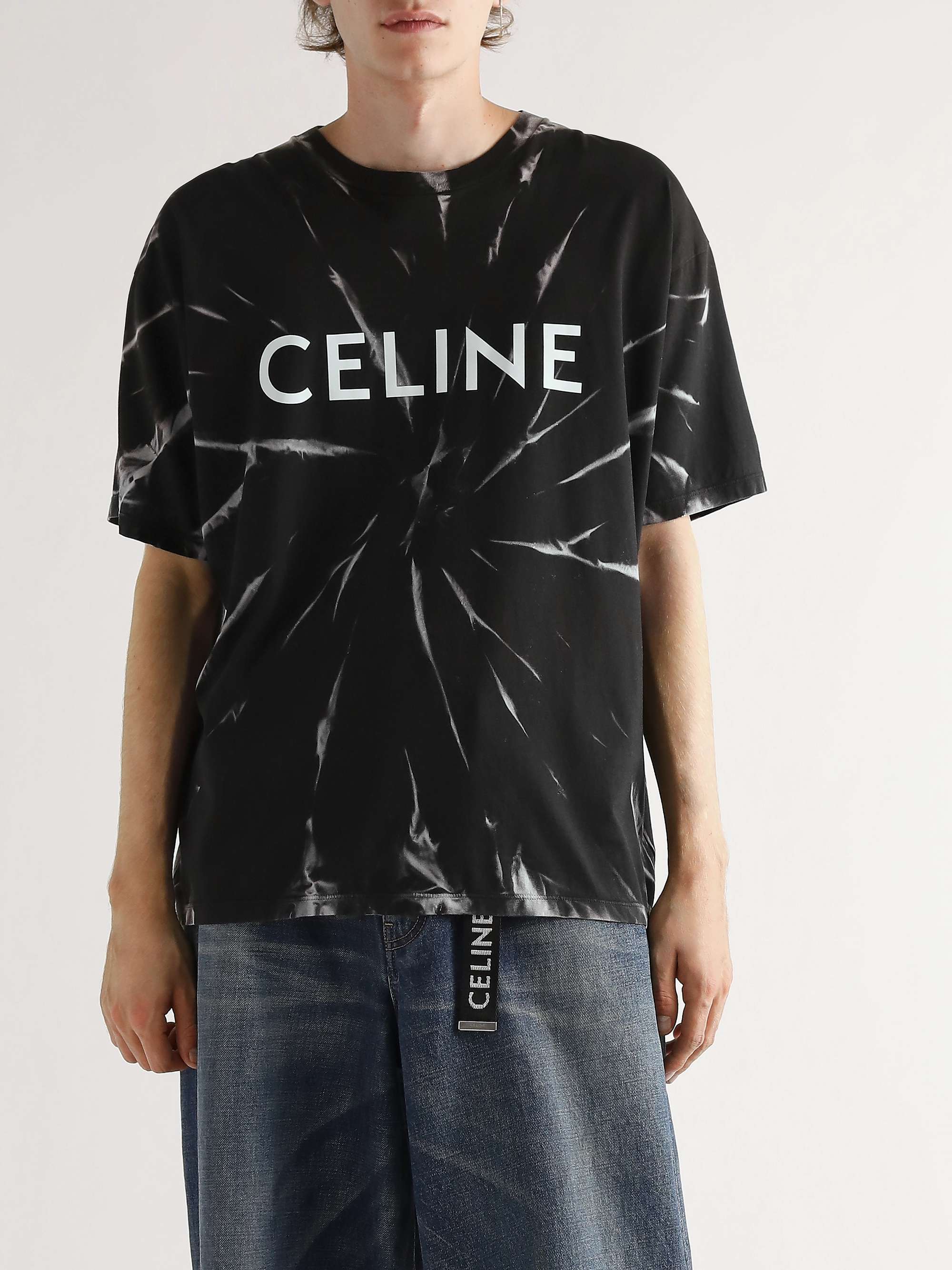 Black Tie-Dyed Logo-Print Cotton-Jersey T-Shirt | CELINE HOMME | MR PORTER