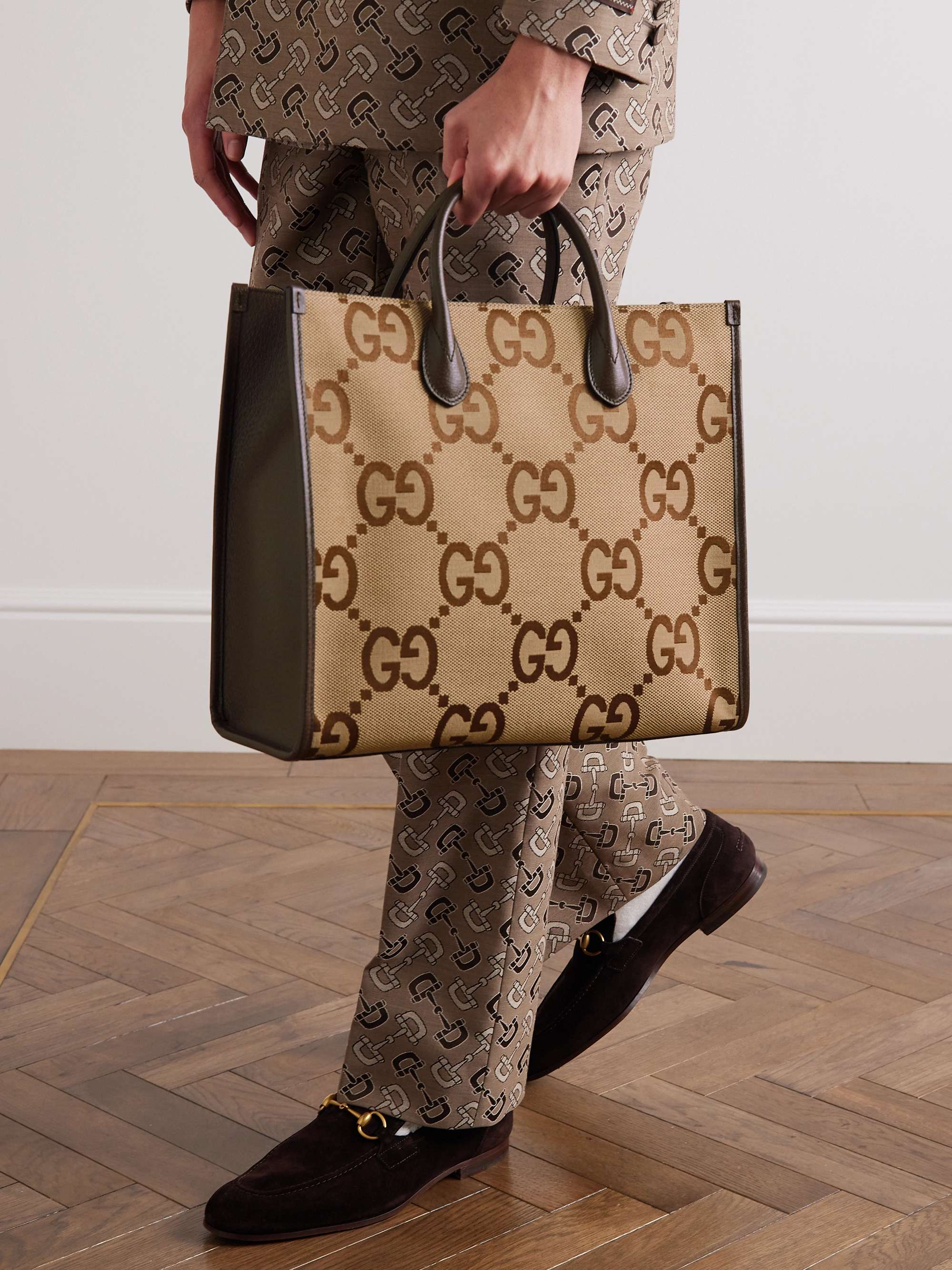 GUCCI Leather-Trimmed Monogrammed Coated-Canvas Tote Bag | MR PORTER