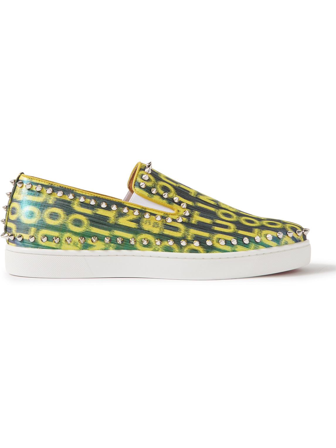 Christian Louboutin Pik Boat Spiked Glittered Logo-print Canvas Slip-on Sneakers In Yellow