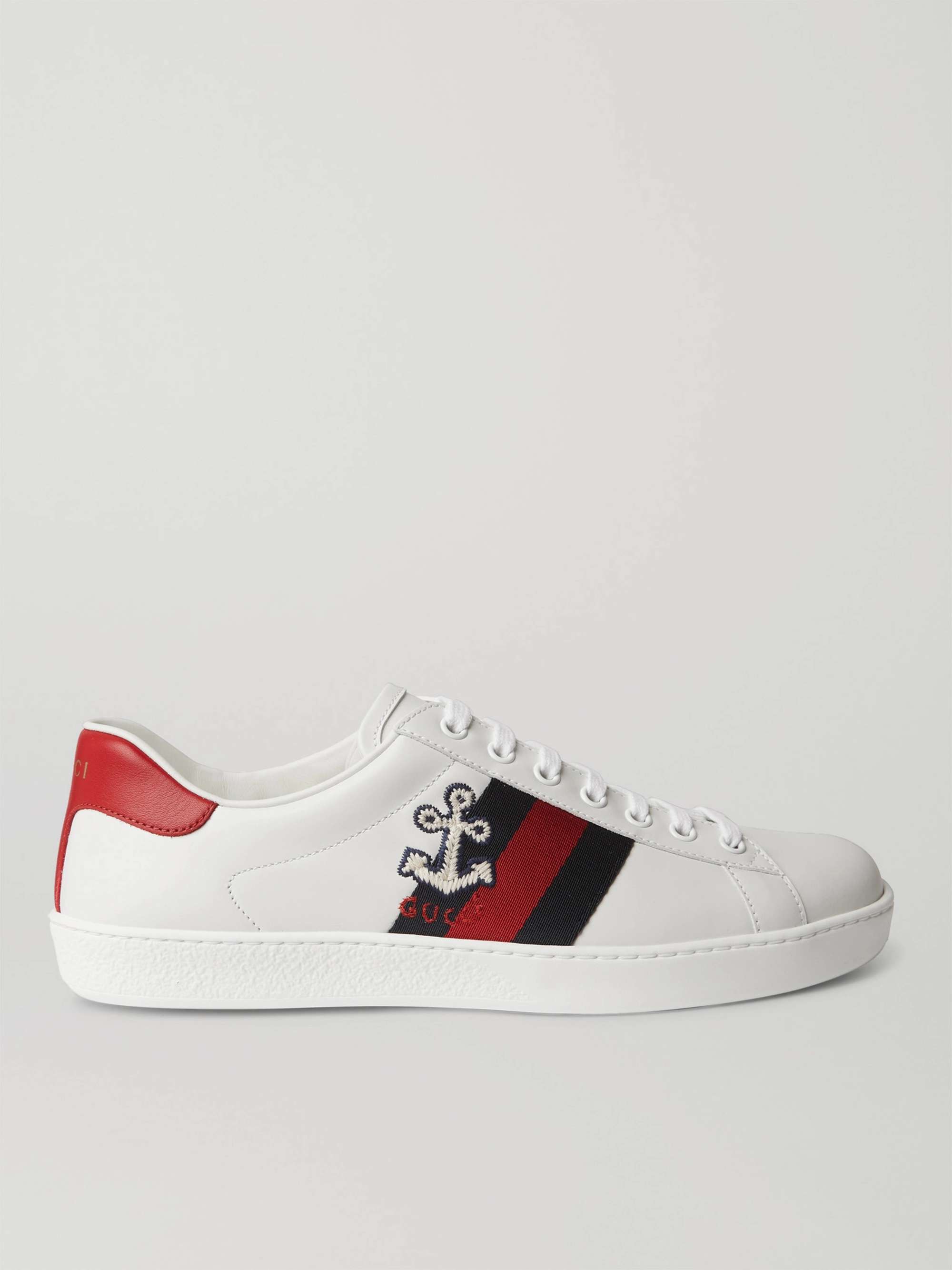 GUCCI Ace Webbing-Trimmed Embroidered Leather Sneakers | MR PORTER