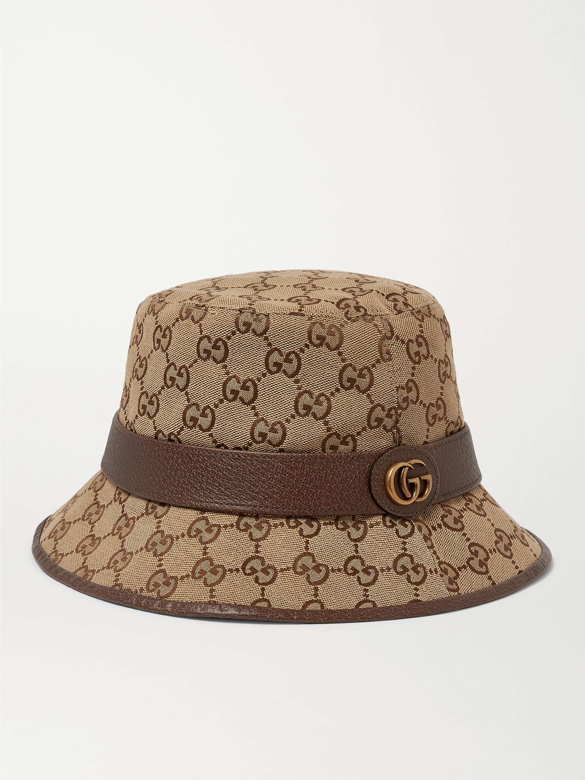 Leather-trimmed canvas-jacquard bucket hat