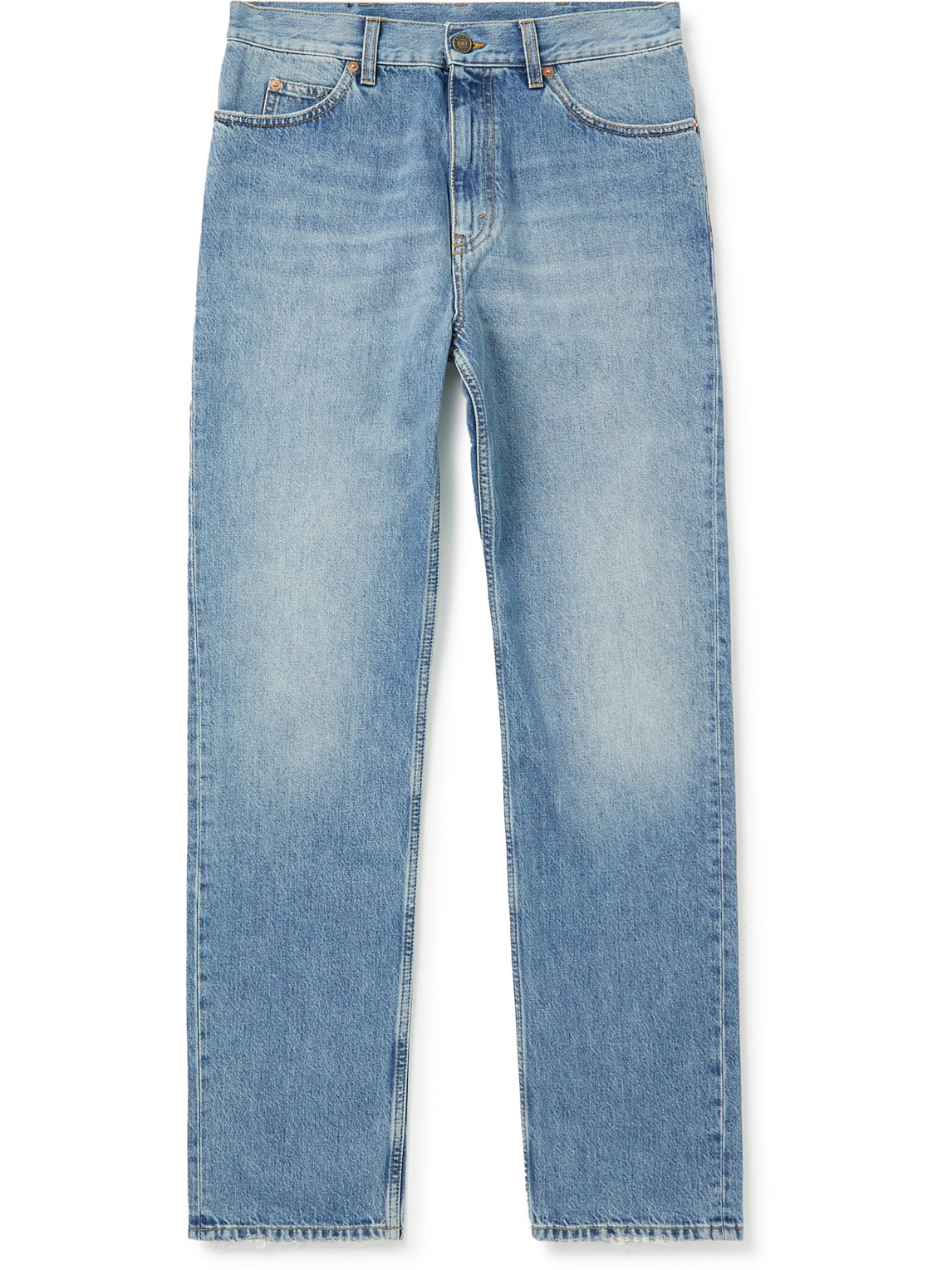 Gucci Straight Leg Leather Trimmed Logo Jacquard Jeans Men Blue