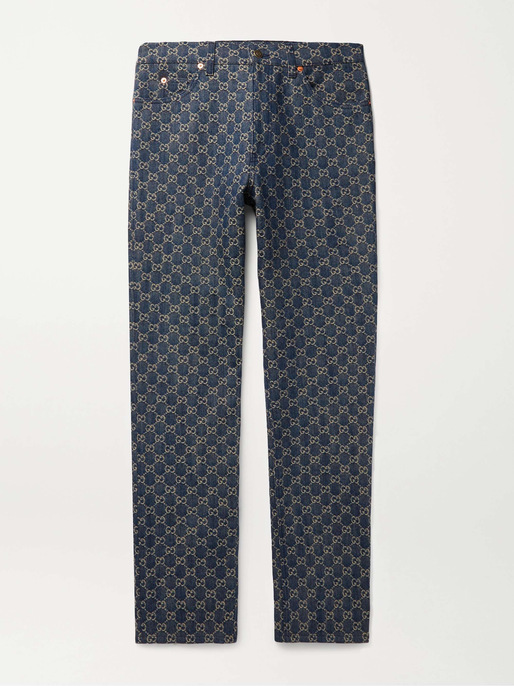 Blue Straight-Leg Leather-Trimmed Logo-Jacquard Jeans | GUCCI | MR PORTER