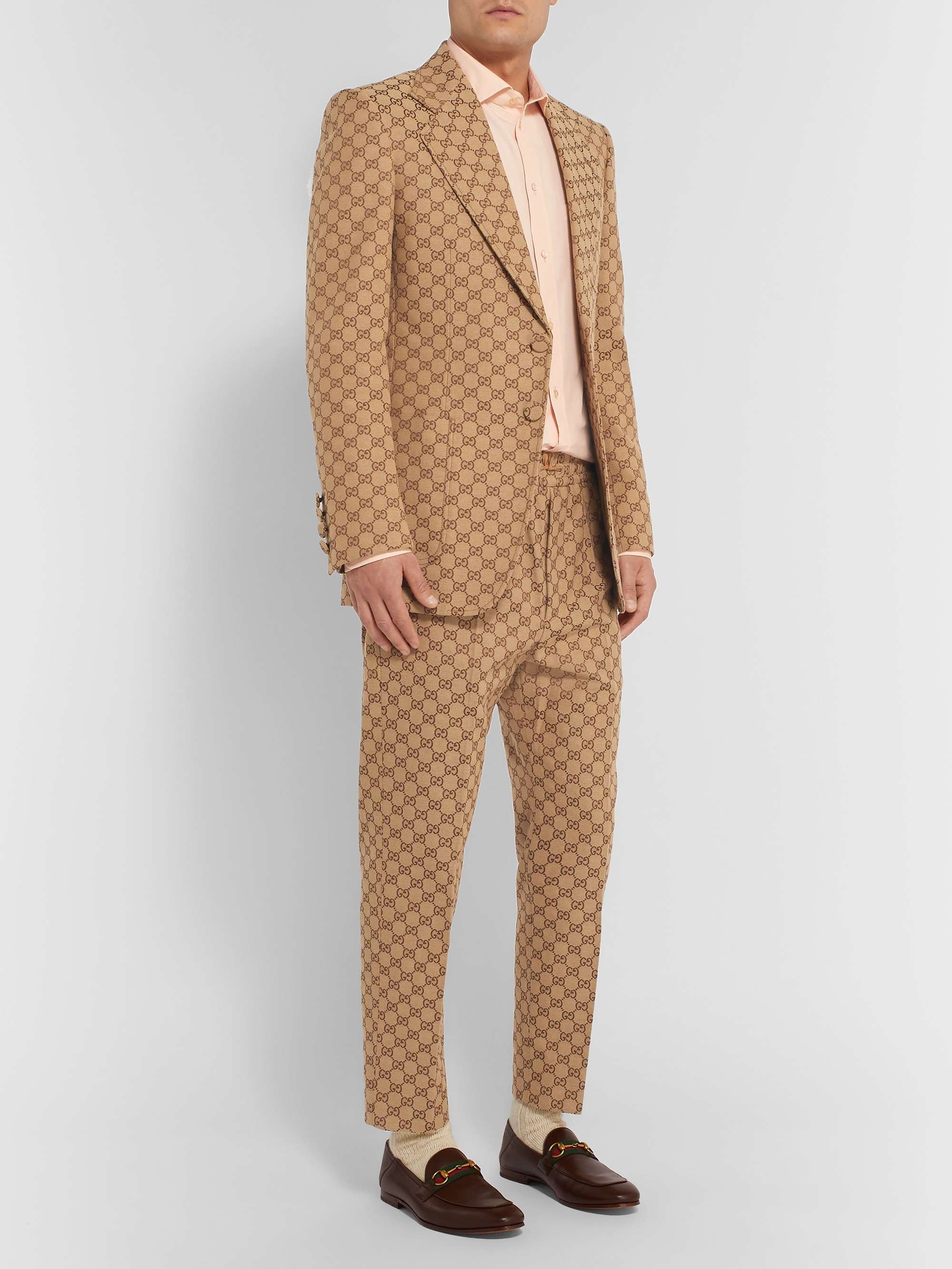 GUCCI Beige Tapered Cropped Logo-Jacquard Cotton-Blend Suit Trousers for  Men | MR PORTER