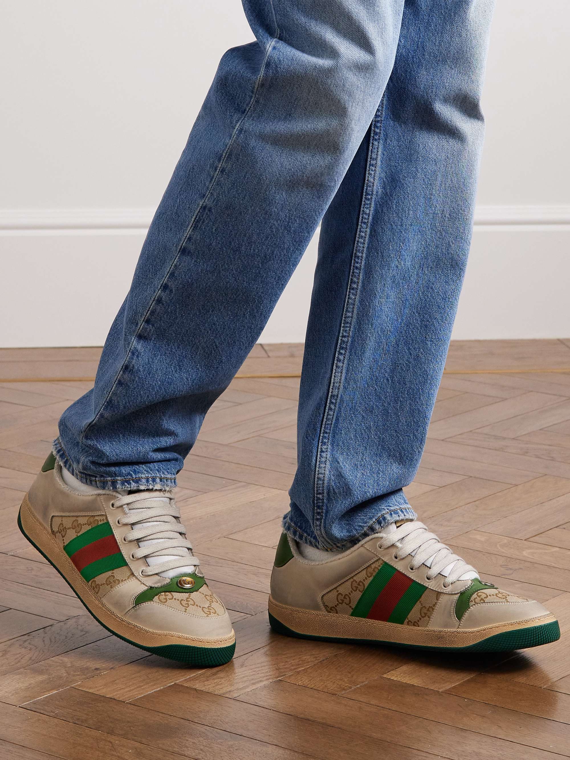 GUCCI Screener Monogrammed Canvas and Webbing-Trimmed Distressed Leather  Sneakers | MR PORTER