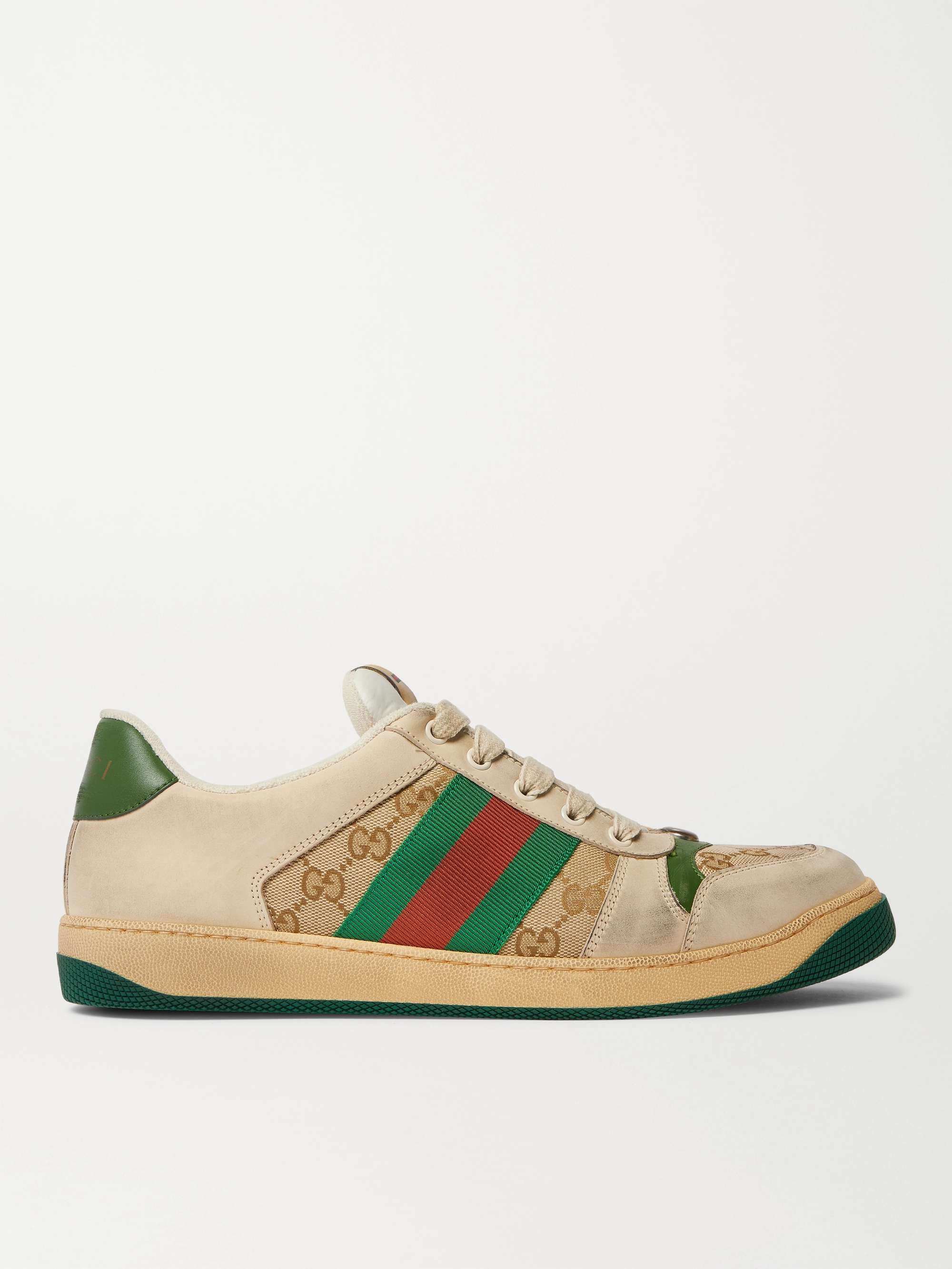 GUCCI Screener Monogrammed Canvas and Webbing-Trimmed Distressed Leather  Sneakers for Men | MR PORTER
