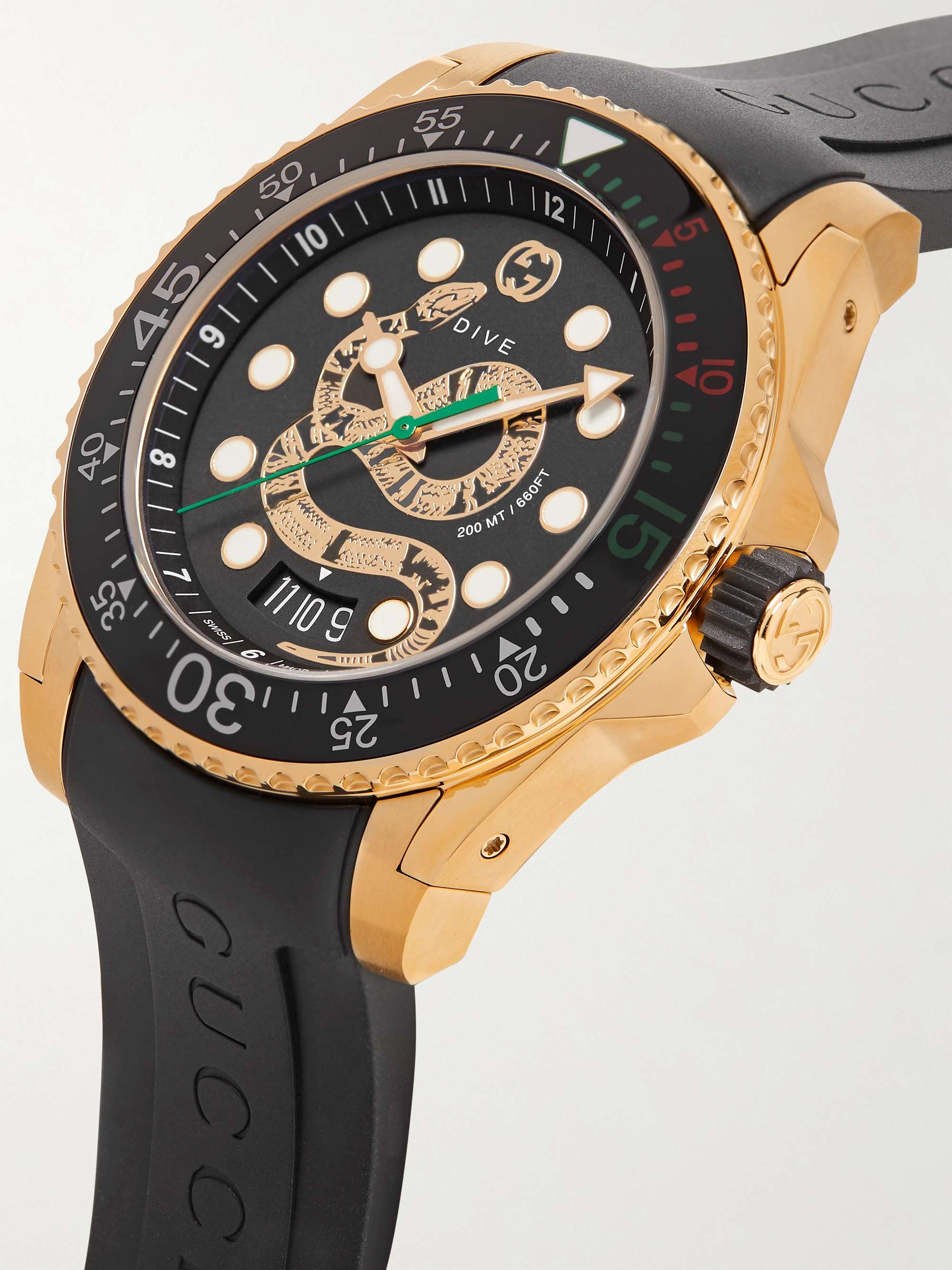 GUCCI Dive 45mm Gold PVD-Coated Watch with Rubber Strap for Men | MR PORTER