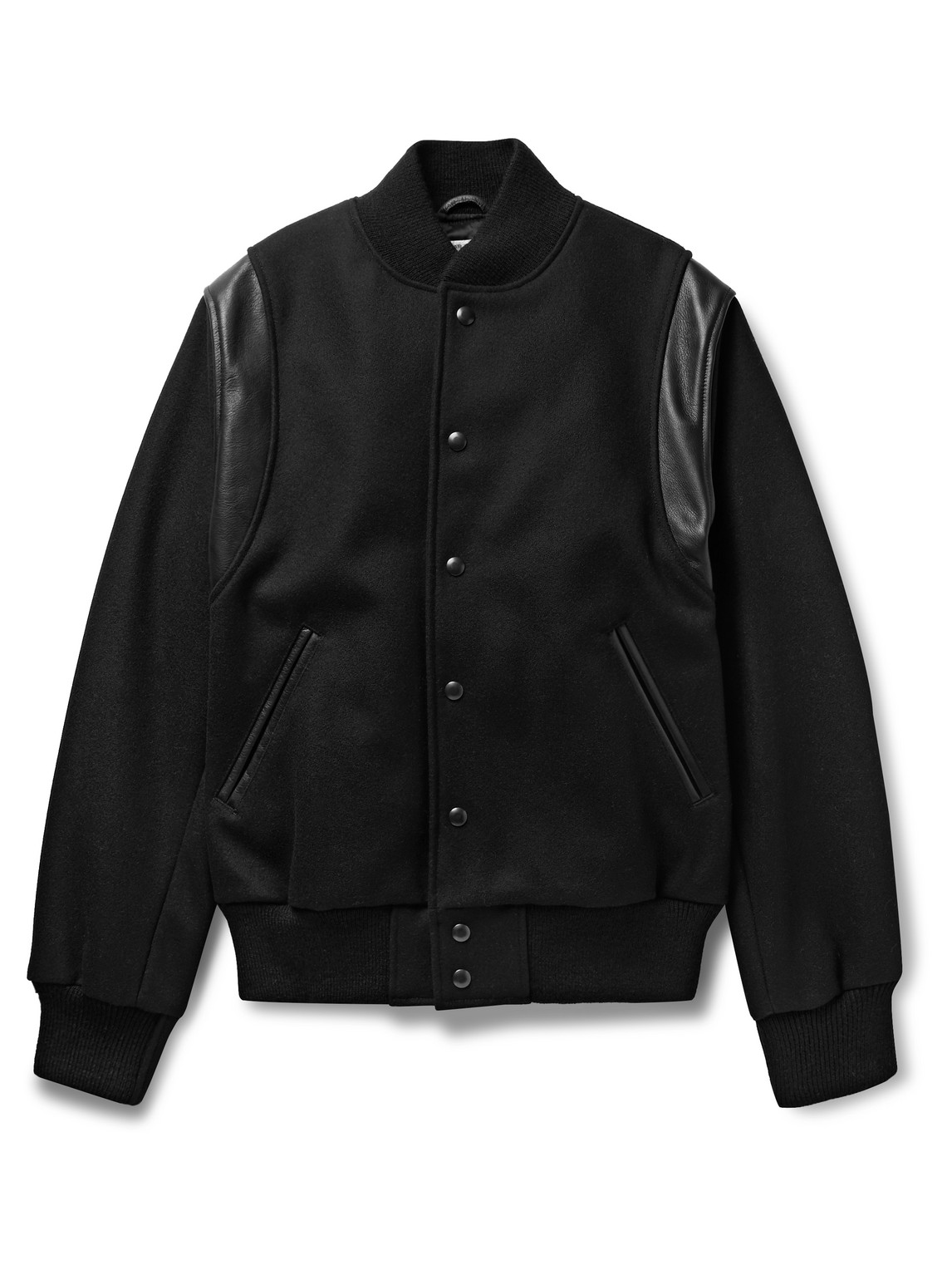 Golden Bear Hayes Leather-panelled Melton Virgin Wool-blend Bomber Jacket In Black
