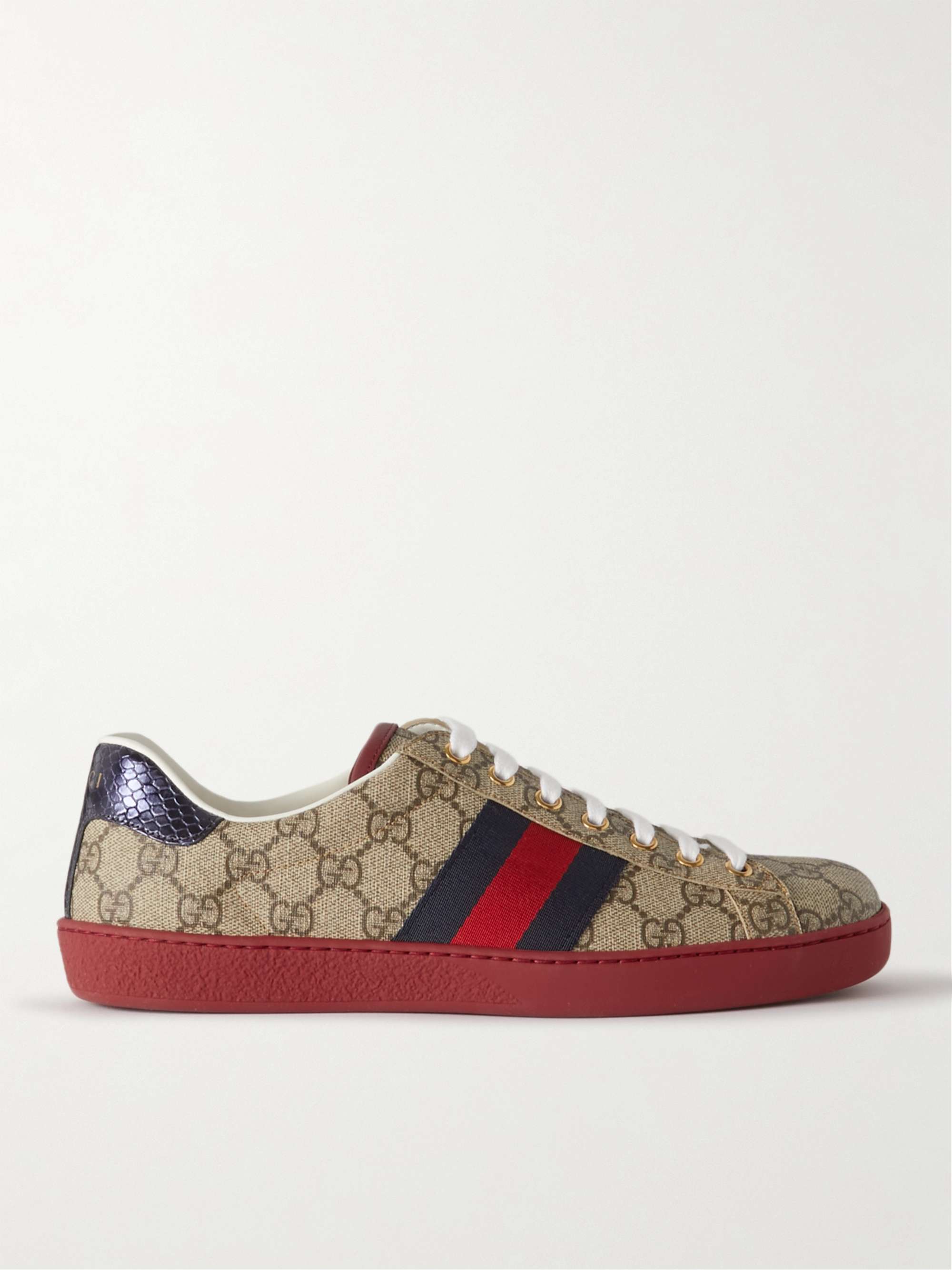 GUCCI Ace Webbing-Trimmed Monogrammed Coated-Canvas Sneakers | MR PORTER