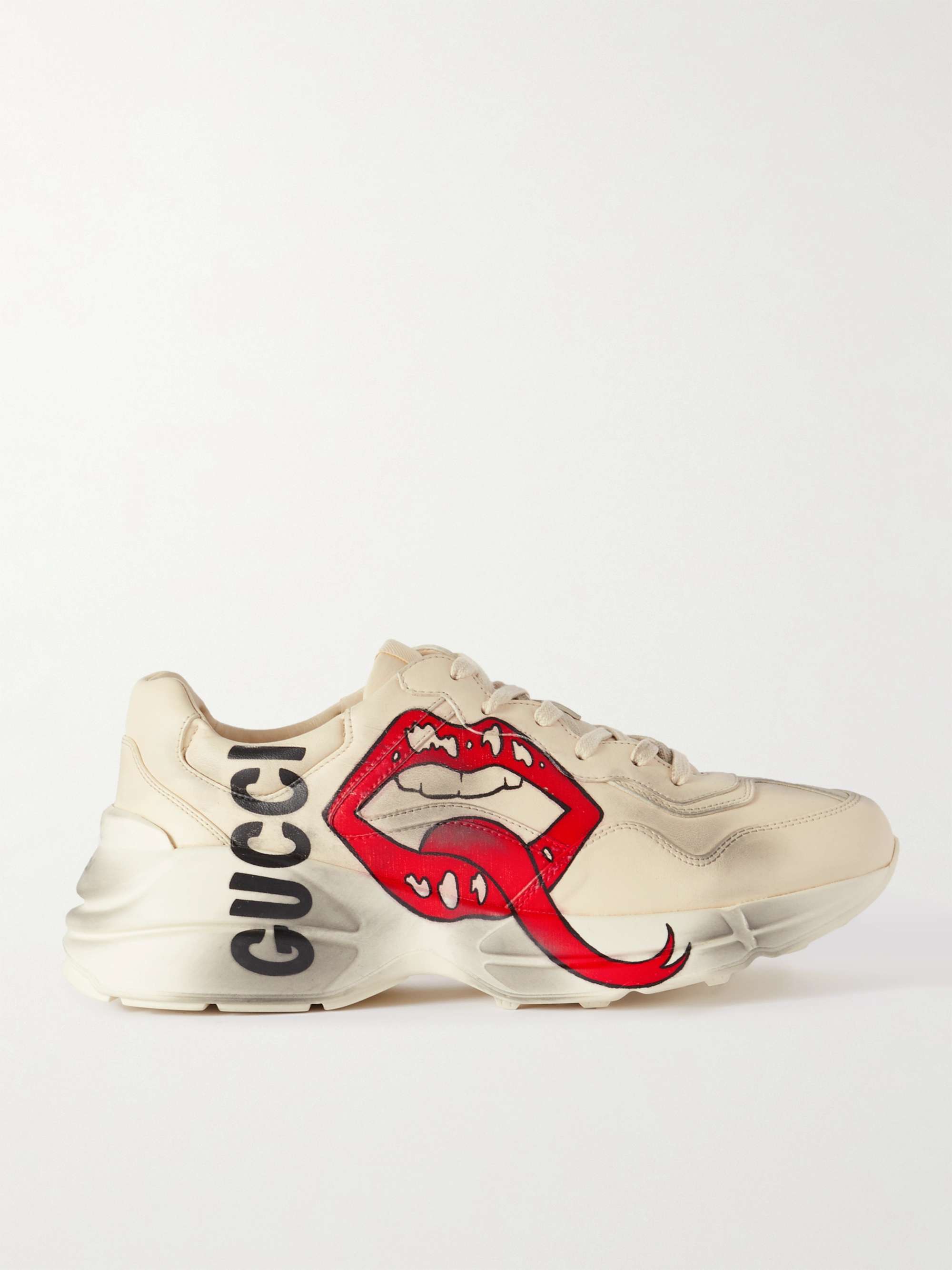 GUCCI Rhyton Distressed Printed Leather Sneakers | MR PORTER