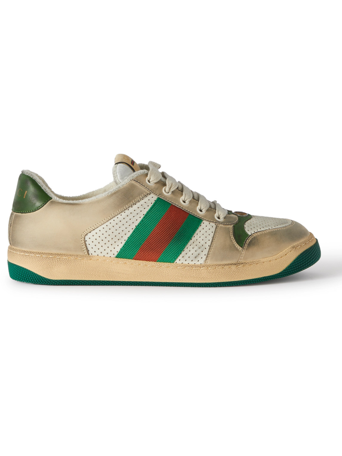 Gucci - Virtus Distressed Leather And Webbing Sneakers - Men - White - UK 6  for Men