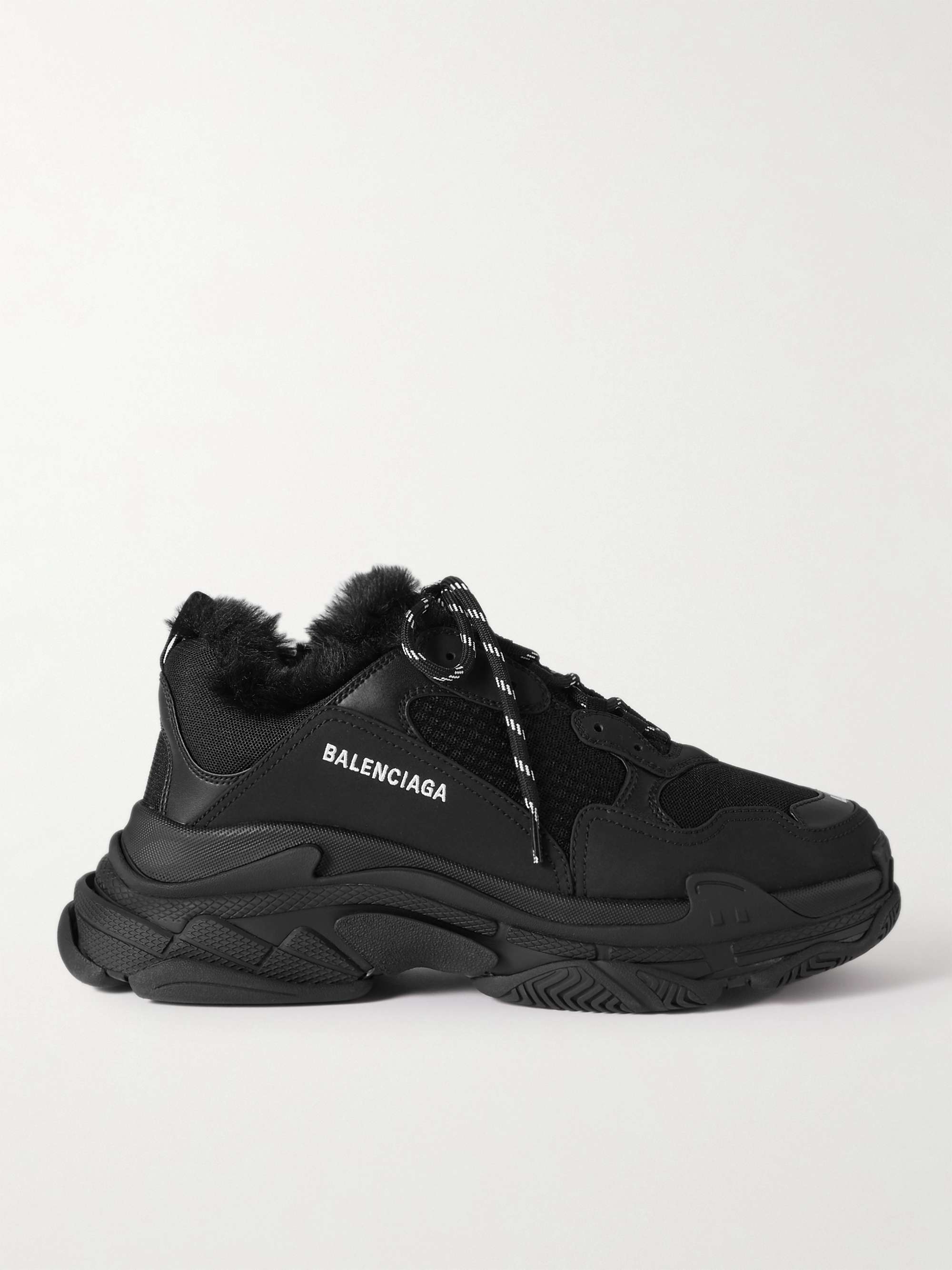 BALENCIAGA Triple S Faux Fur-Trimmed Mesh and Faux Leather Sneakers | MR  PORTER