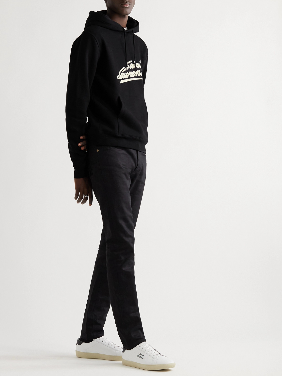 Shop Saint Laurent Logo-flocked Cotton-jersey Hoodie In Black