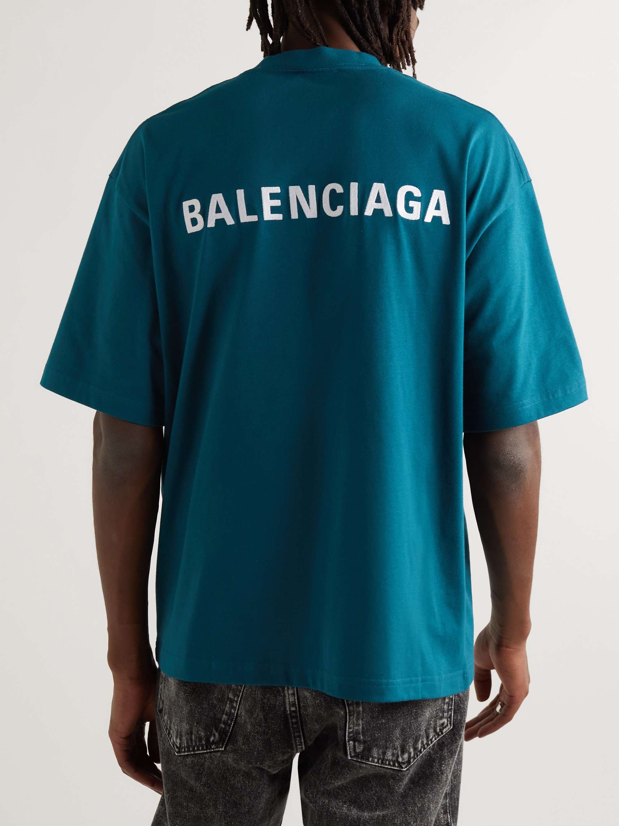 Teal Oversized Logo-Embroidered Cotton-Jersey T-Shirt | BALENCIAGA | MR  PORTER