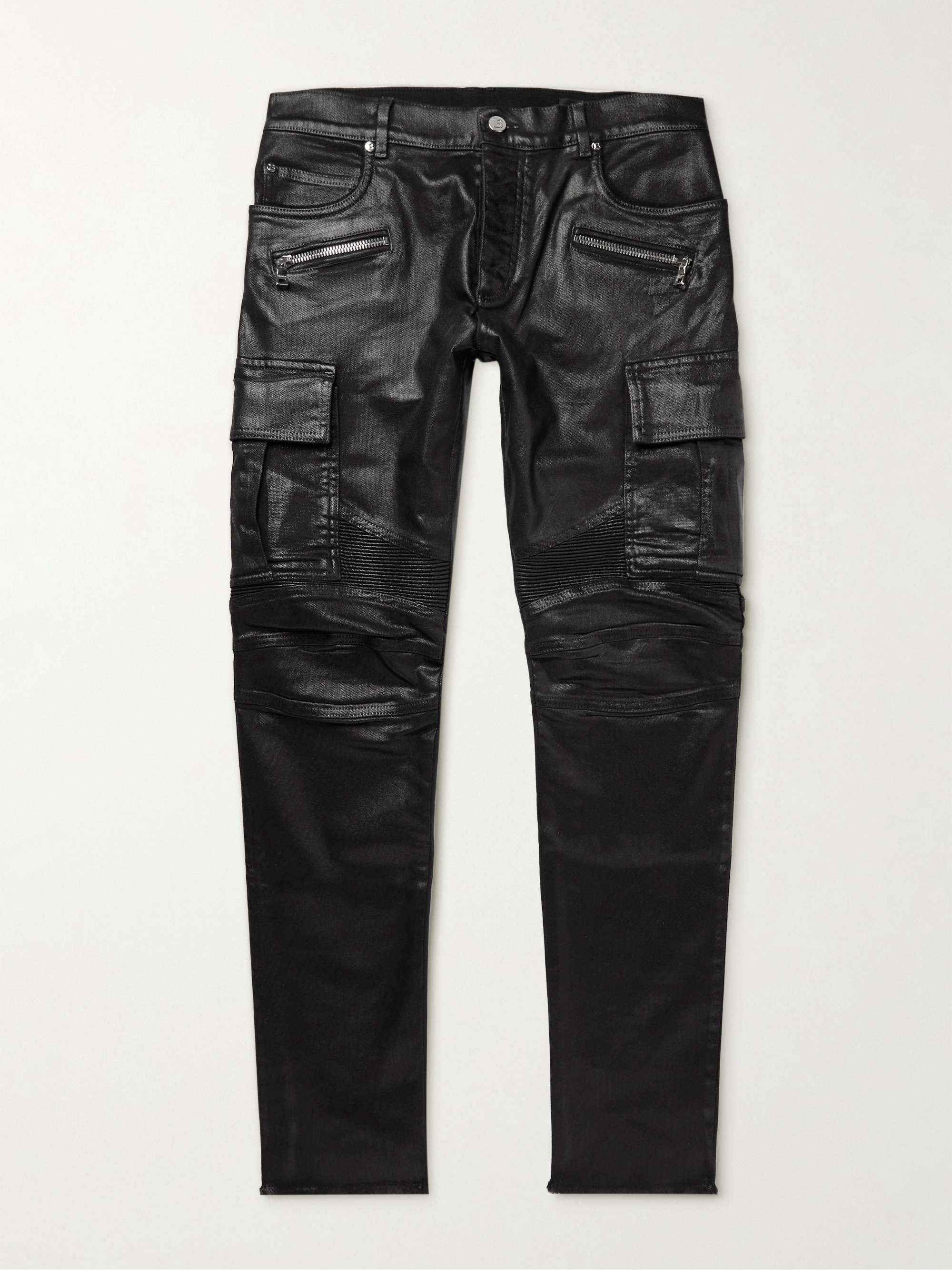 BALMAIN Slim-Fit Tapered Panelled Ribbed Coated Cargo Jeans for Men | MR  PORTER