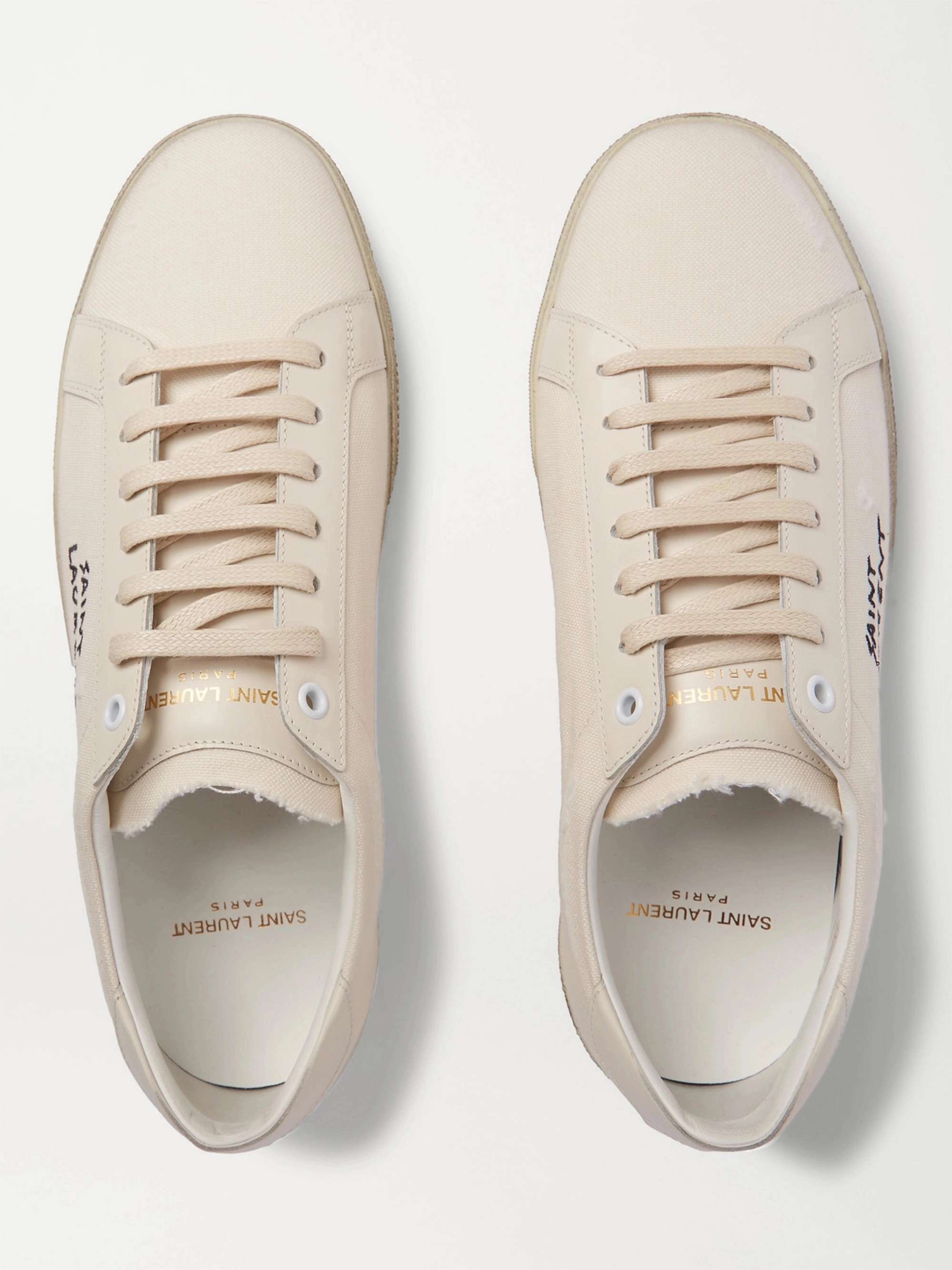 أبيض حذاء سنيكرز SL/06 Court Classic من الكنفا المعتّق المطرّز بشعار  العلامة مع حاشية من الجلد | SAINT LAURENT | MR PORTER