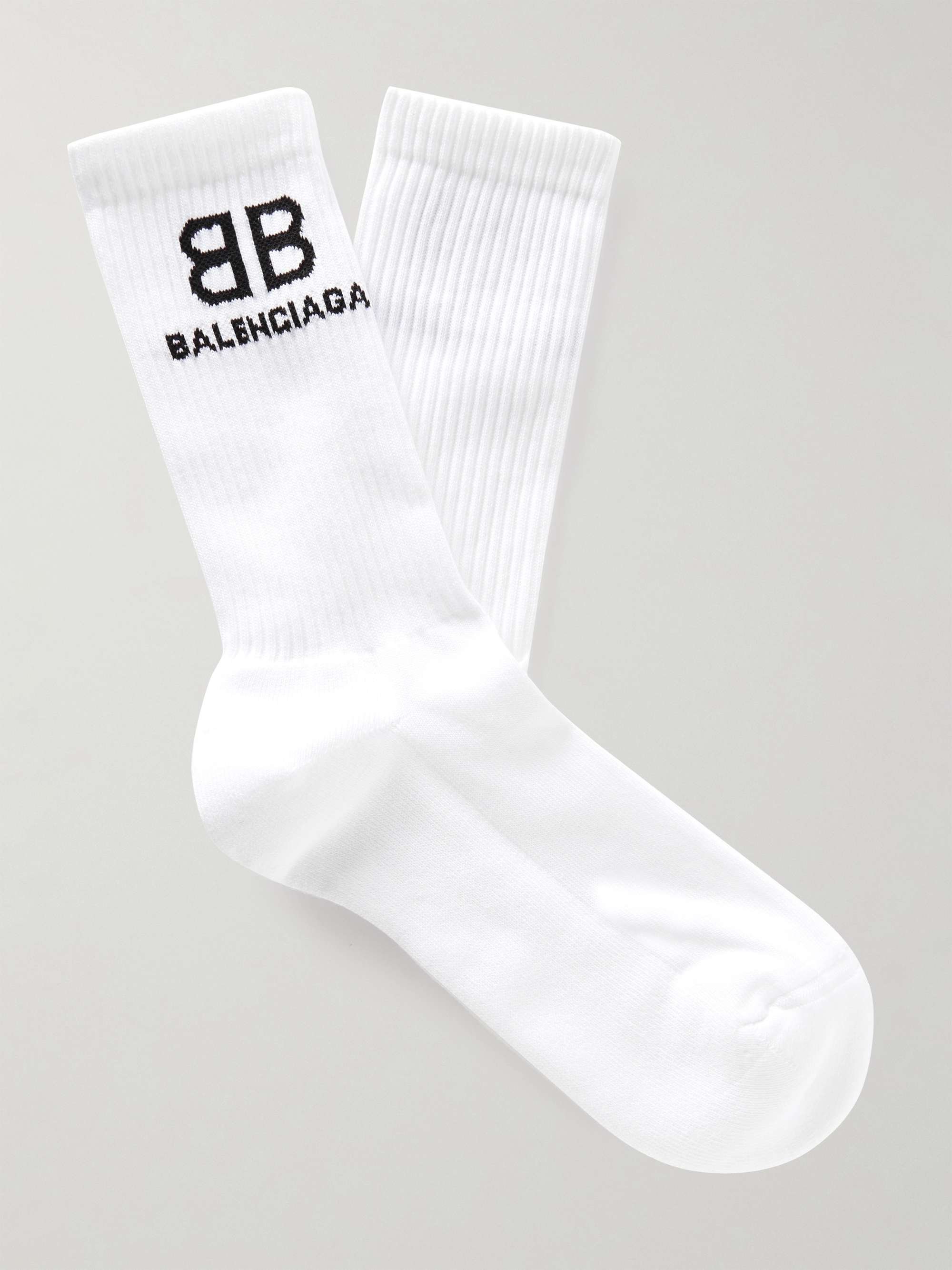 White Ribbed Logo-Jacquard Cotton-Blend Socks | BALENCIAGA | MR PORTER