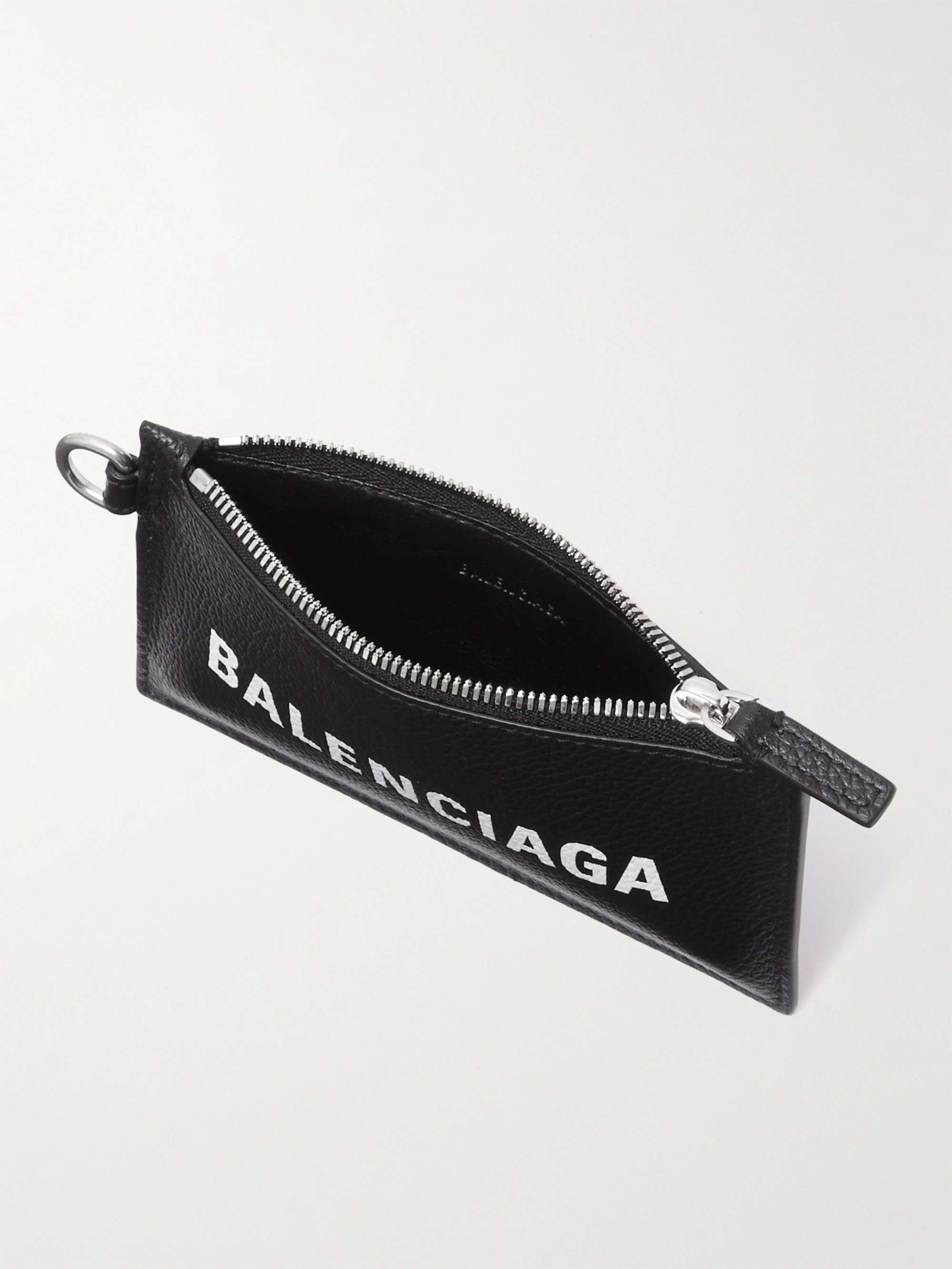 Balenciaga All Over Brand Print Black Leather Lanyard Card Holder Wallet