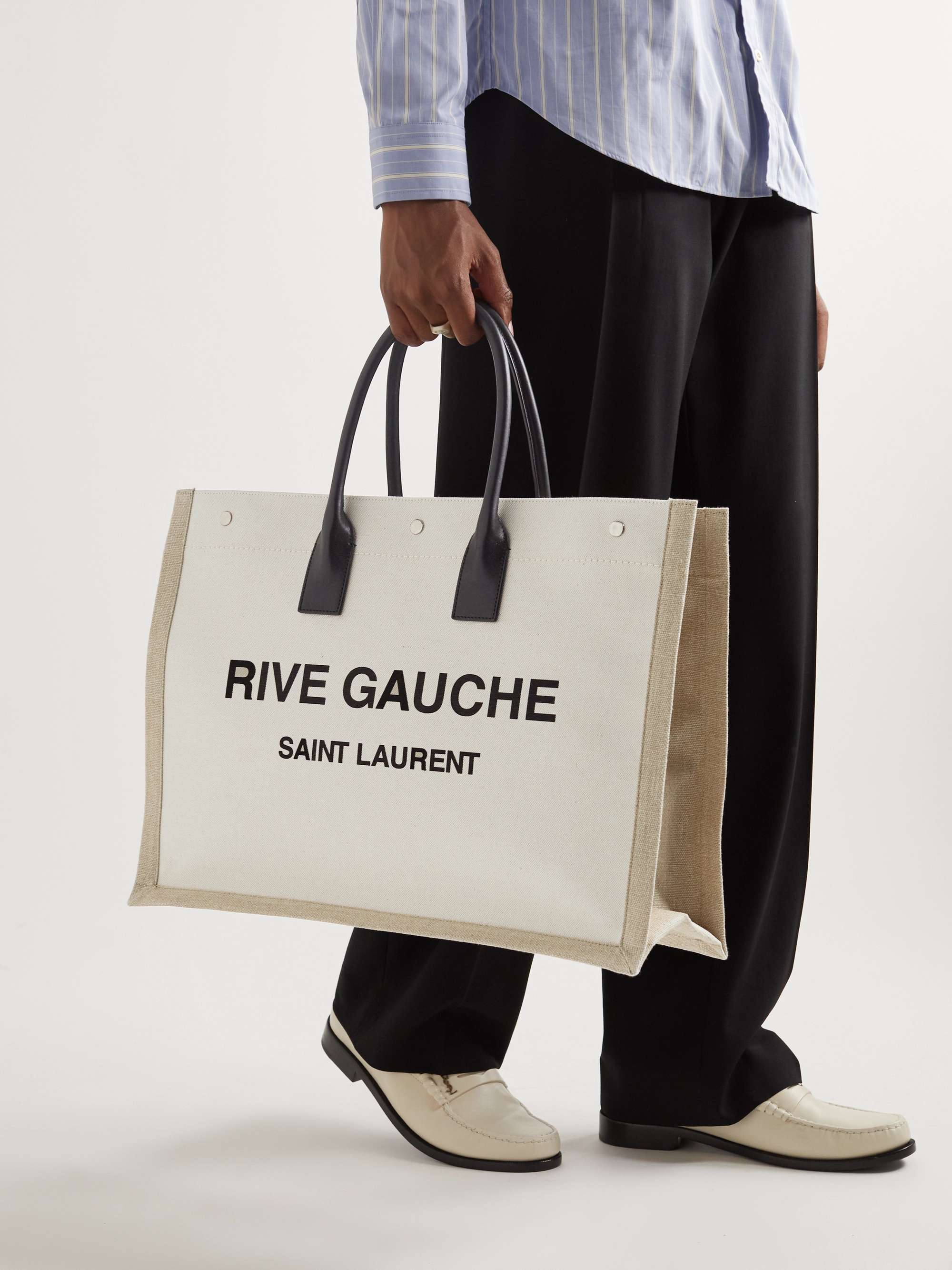 SAINT LAURENT Leather-Trimmed Logo-Print Linen and Cotton-Blend Canvas Tote  Bag | MR PORTER