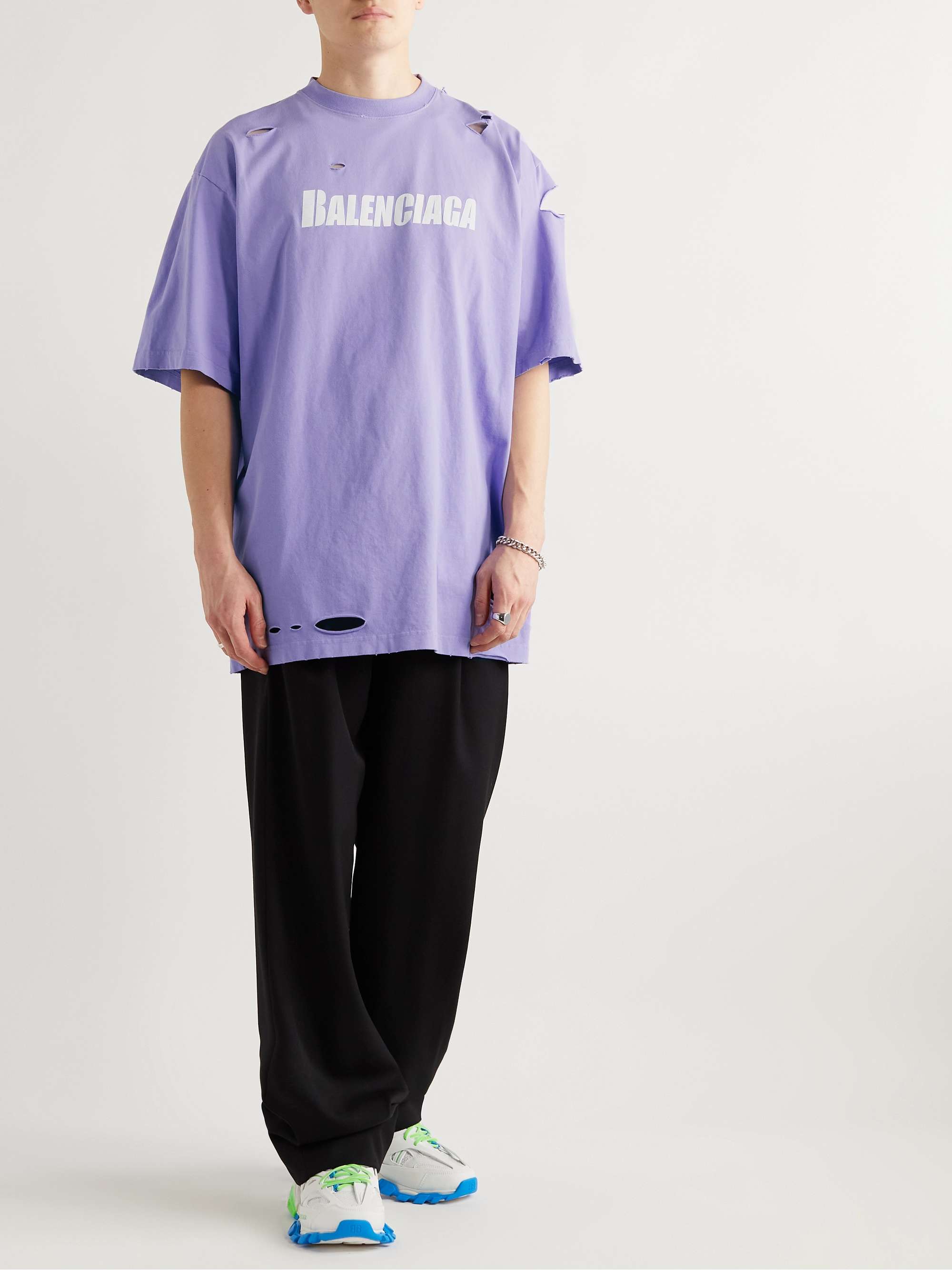 BALENCIAGA Oversized Distressed Logo-Print T-Shirt for Men | MR PORTER