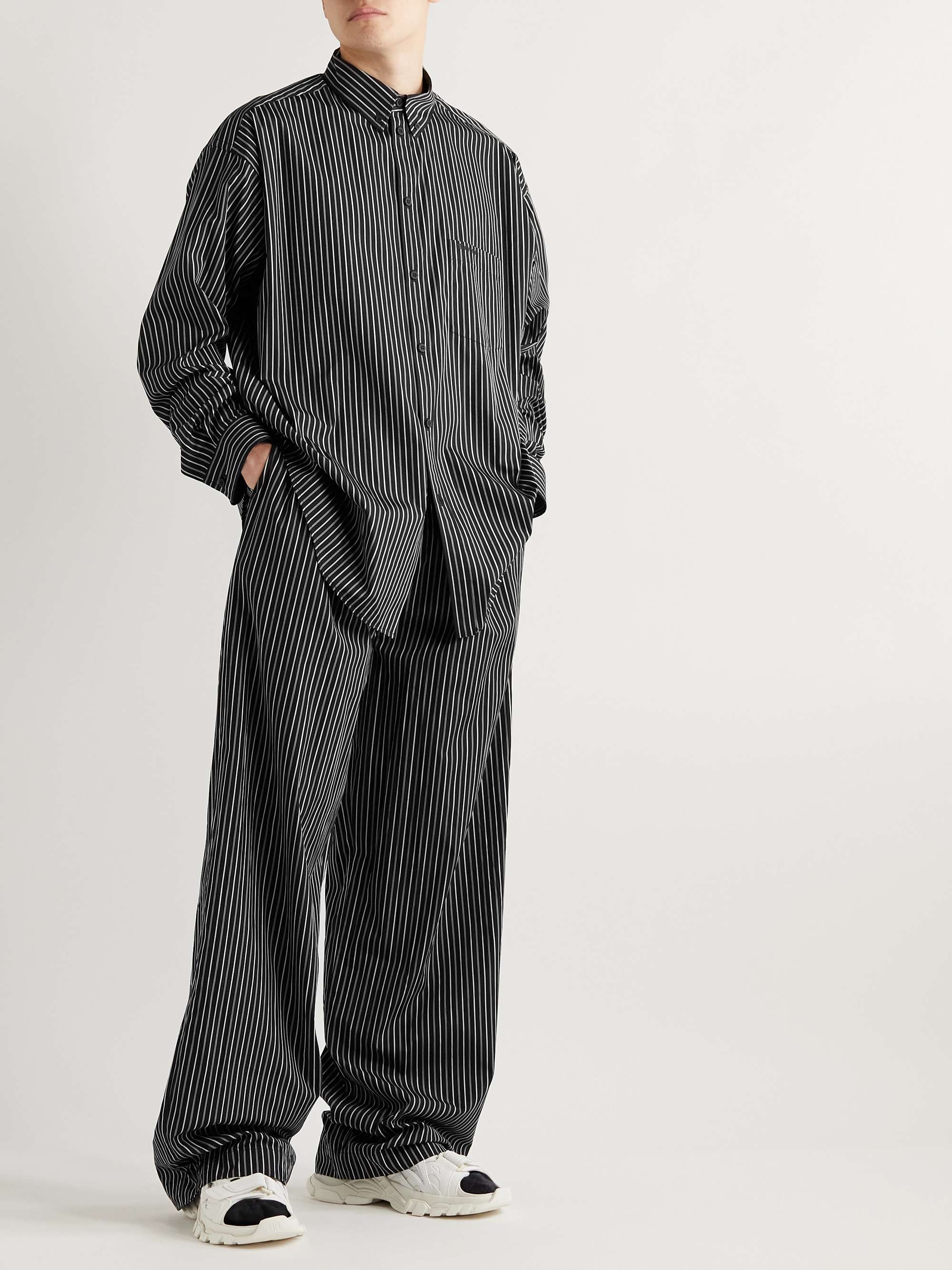 BALENCIAGA Oversized Button-Down Collar Logo-Embroidered Striped Cotton ...