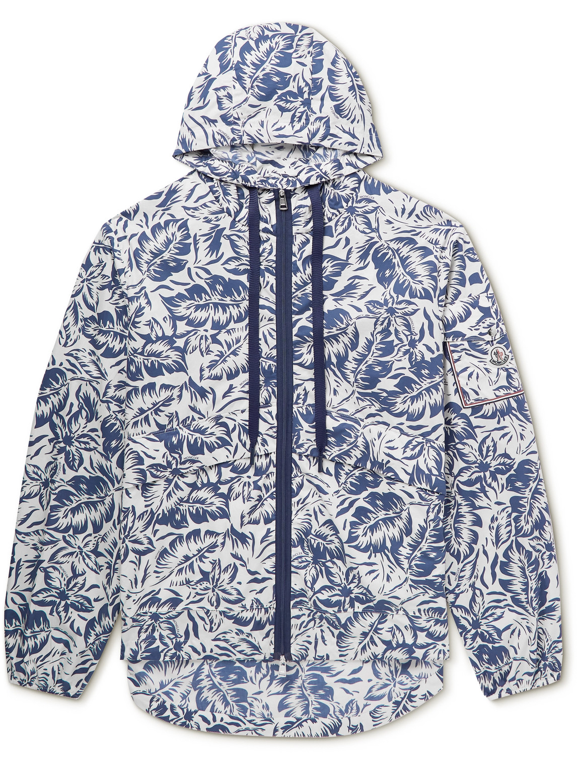 Shop Moncler Ebizo Logo-appliquéd Printed Cotton Hooded Jacket In Blue