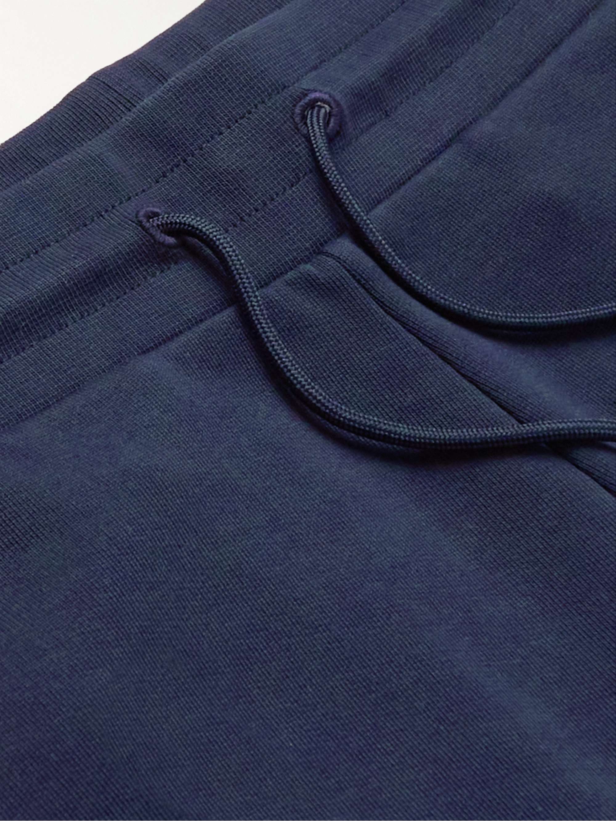 Navy Tapered Logo-Appliquéd Shell-Trimmed Cotton-Jersey Sweatpants |  MONCLER | MR PORTER
