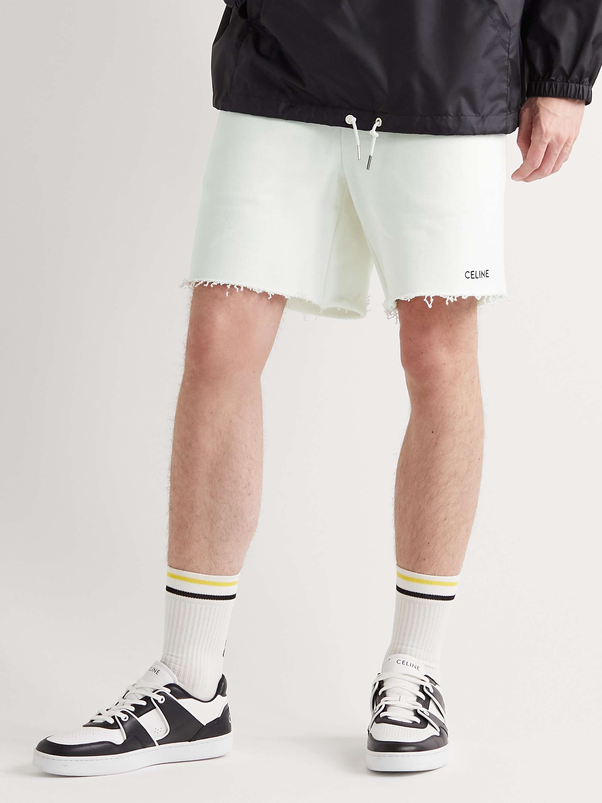 White Wide-Leg Distressed Logo-Print Cotton-Jersey Drawstring Shorts |  CELINE HOMME | MR PORTER