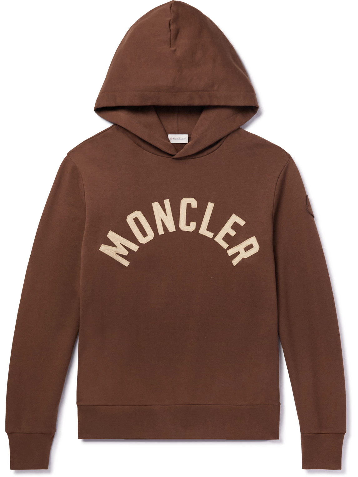 Shop Moncler Logo-embroidered Cotton-jersey Hoodie In Brown