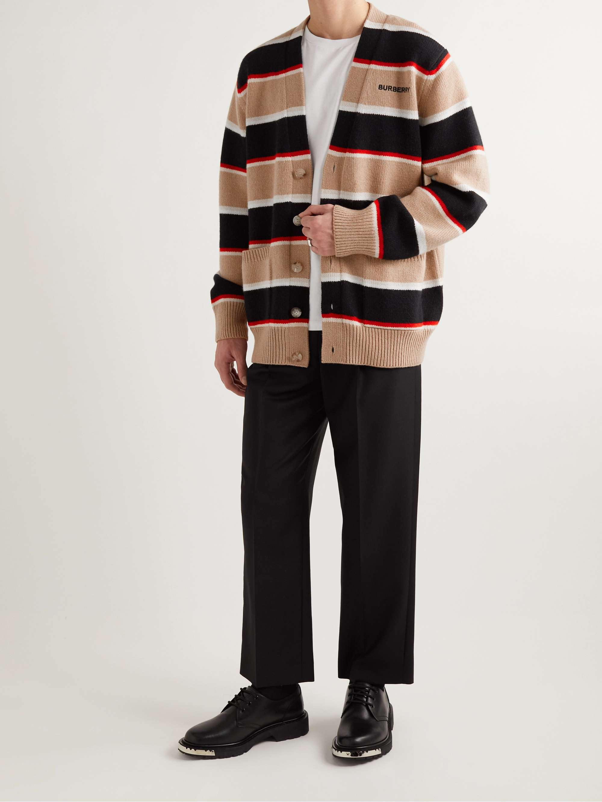 Logo-Embroidered Striped Wool and Cashmere-Blend Cardigan | MR PORTER