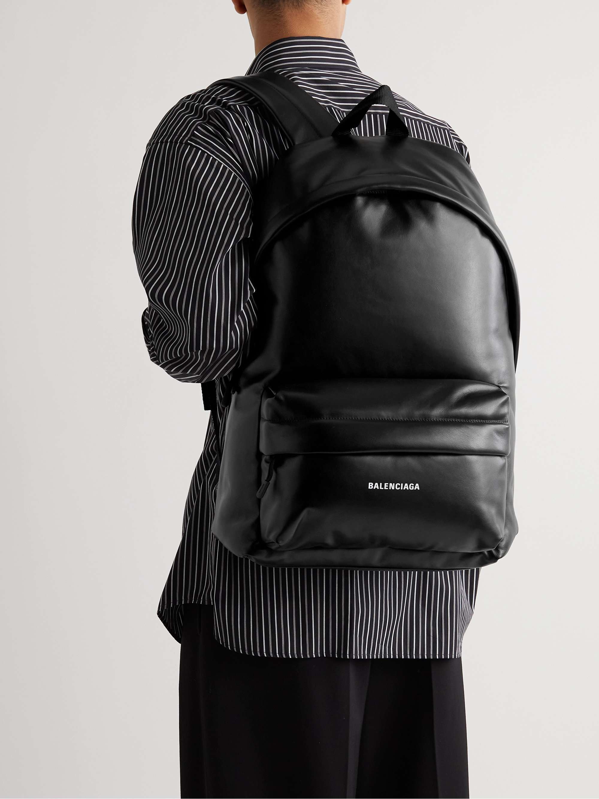 Black Puffy Logo-Print Leather Backpack | BALENCIAGA | MR PORTER